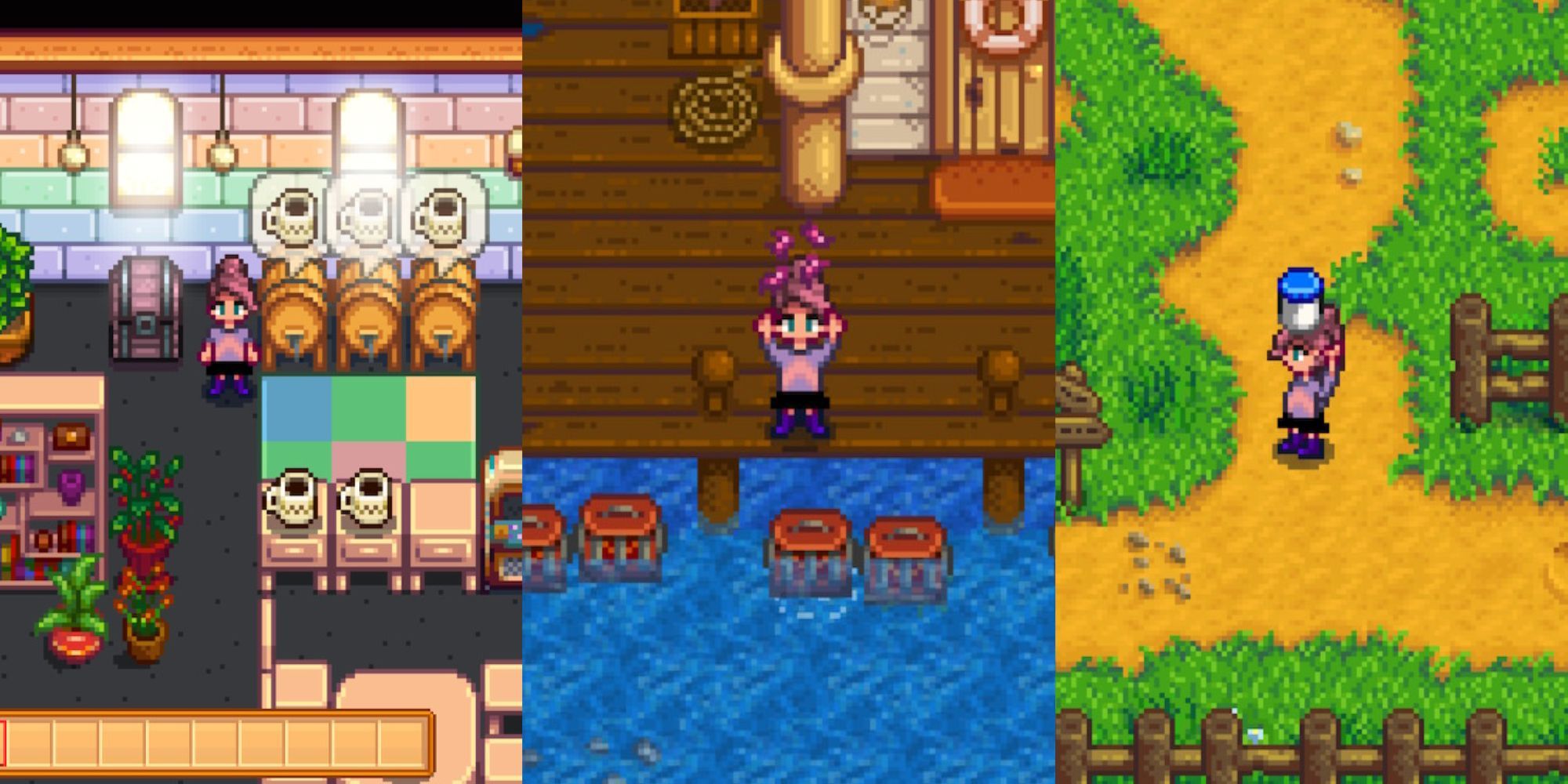 Granjero de Stardew Valley junto a café, sosteniendo cebo y sosteniendo mayonesa