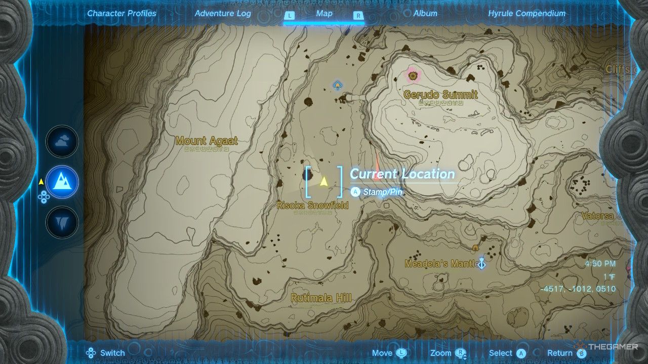 Ubicación exacta en el mapa del oso Grizzlemaw en Risoka Snowfield Gerudo Highlands en The Legend of Zelda Tears of the Kingdom.