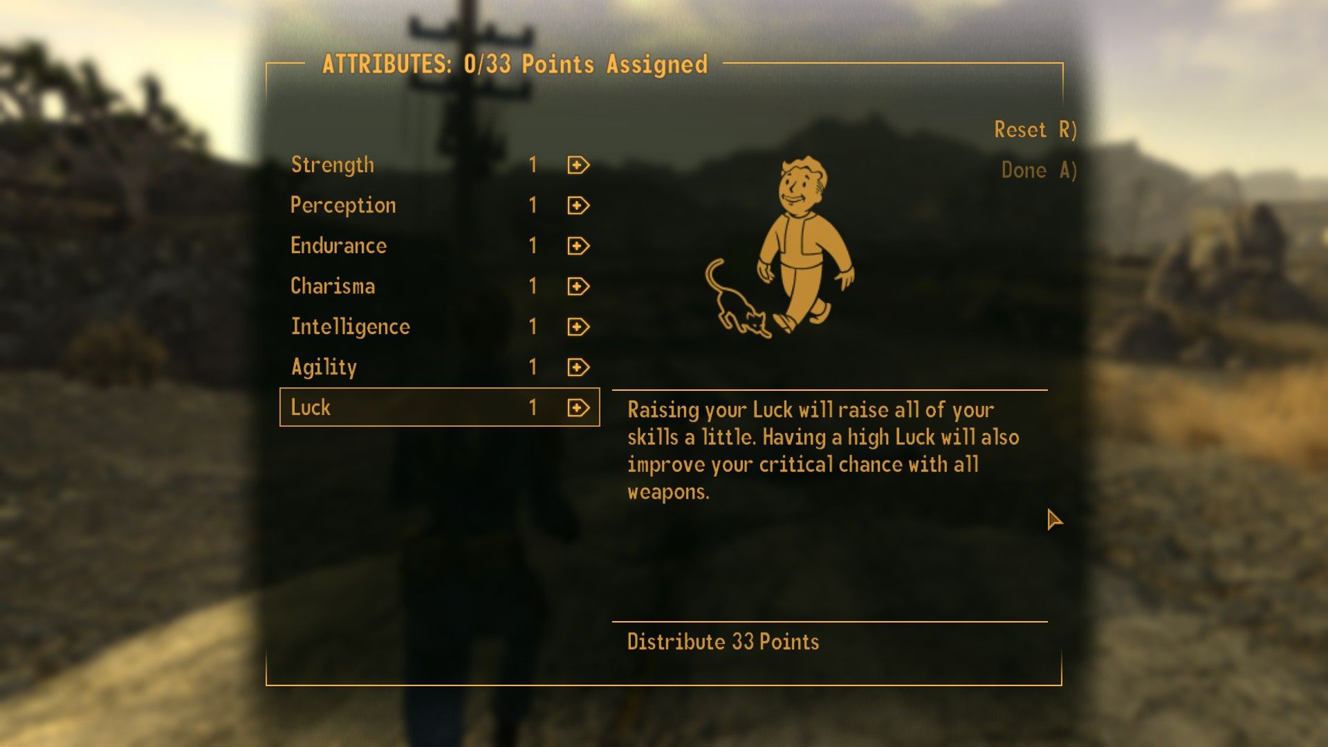 Pantalla de selección ESPECIAL de Fallout New Vegas, con 33 puntos para asignar