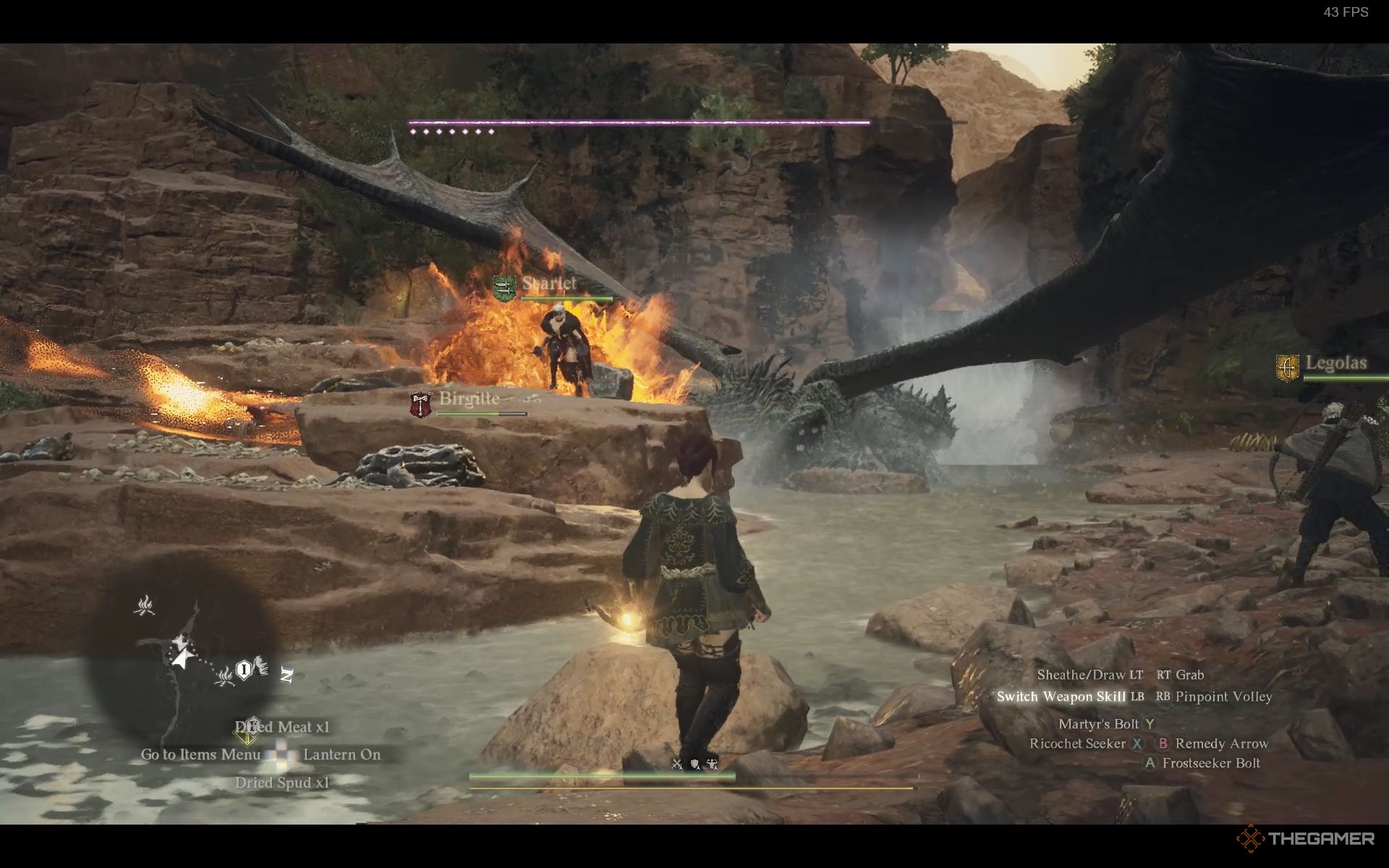 El grupo de un arquero mágico luchando contra un Drake en Dragon's Dogma 2