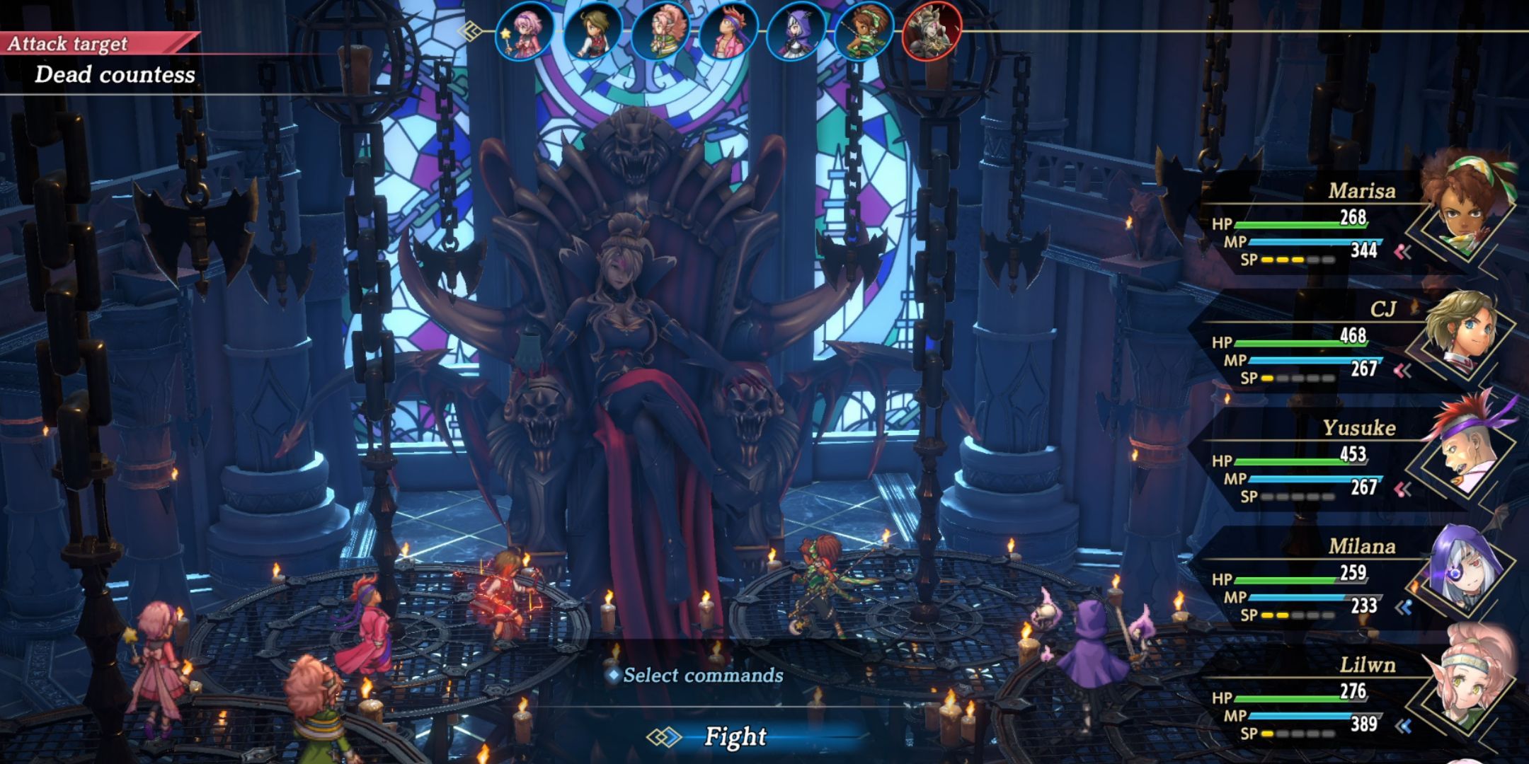 Pantalla de lucha contra el jefe de la condesa muerta de Cien héroes de Eiyuden Chronicle
