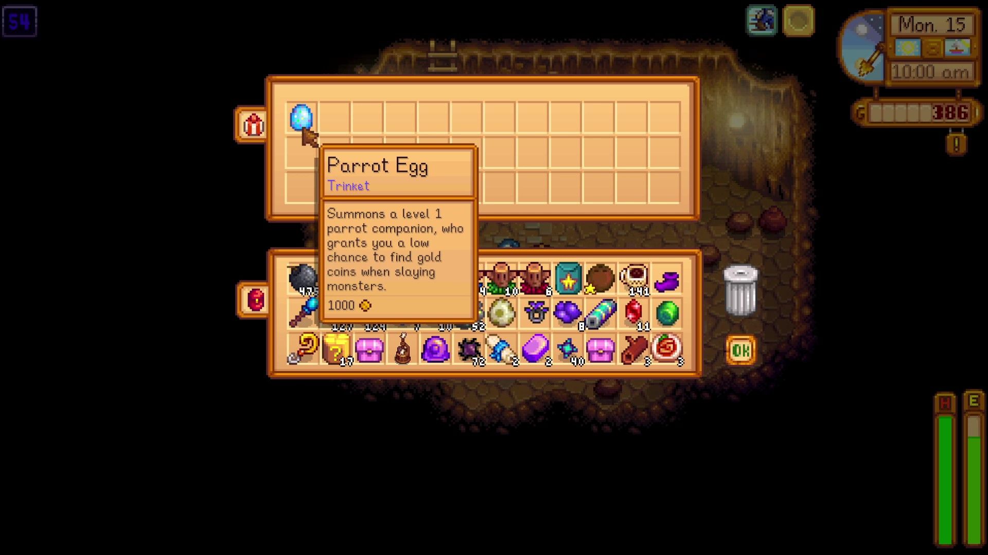 Una baratija de huevo de loro encontrada dentro de un cofre del tesoro en Stardew Valley.