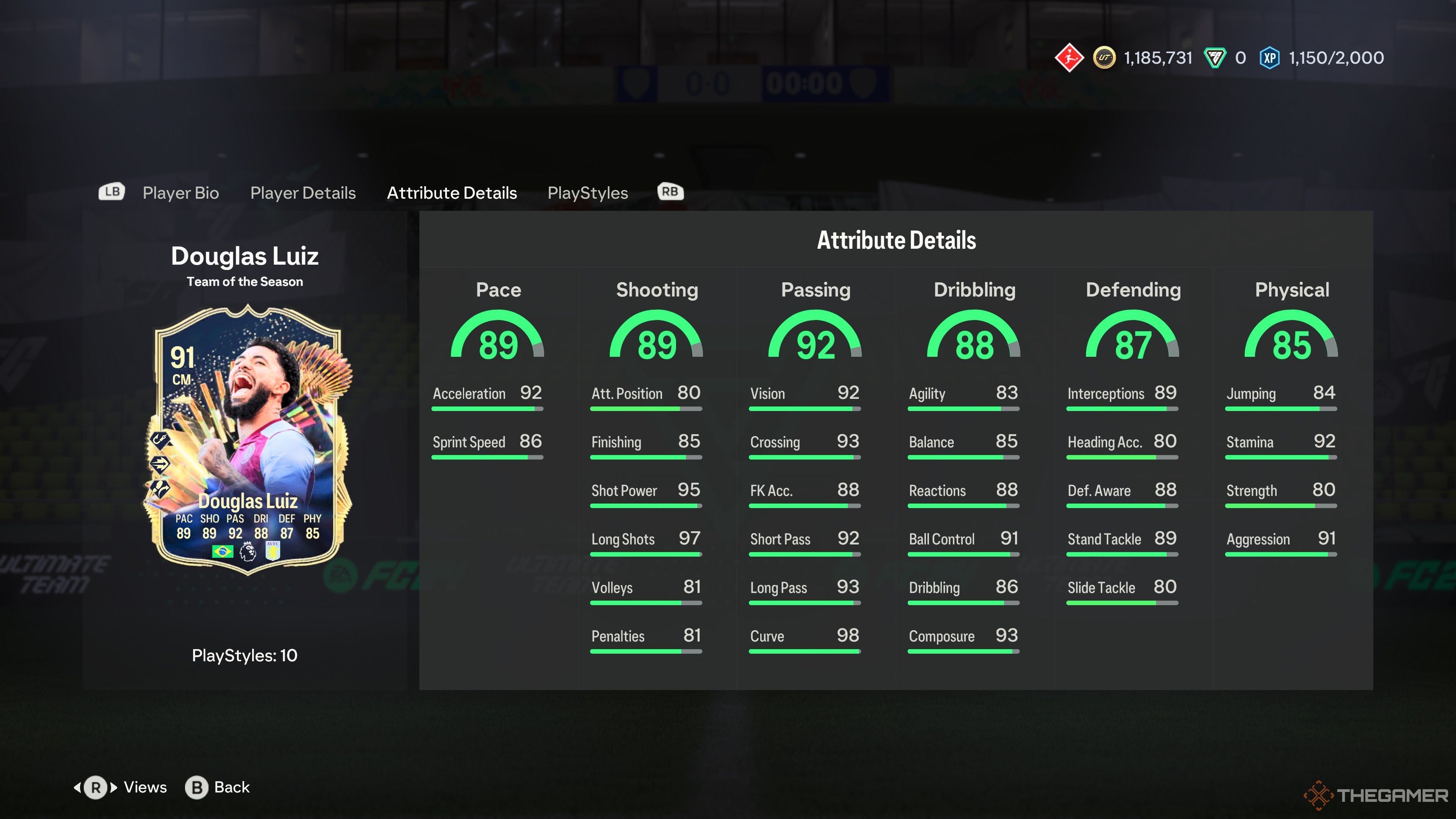 Atributos de la tarjeta TOTS de Douglas Luiz en el menú de EA Sports FC 24.