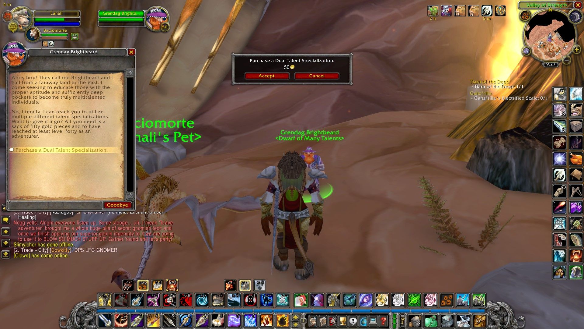 una cazadora tauren y su mascota wyvern en orgrimmar, hablando con un enano sobre doble especialización, con la ventana de confirmación de compra abierta en el medio de la pantalla