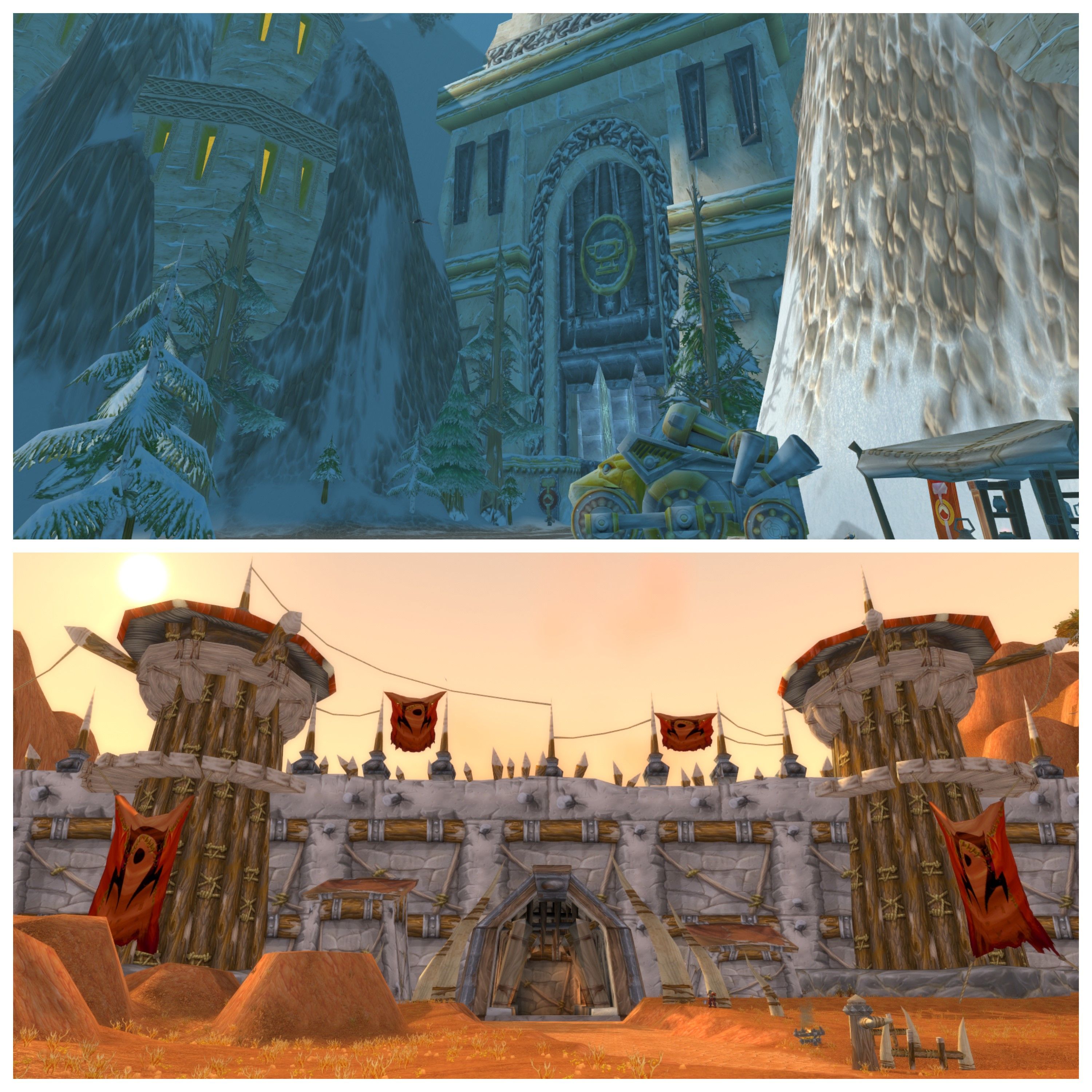 la capital enana de las puertas de Forjaz en la parte superior y la capital orca de las puertas de Orgrimmar debajo