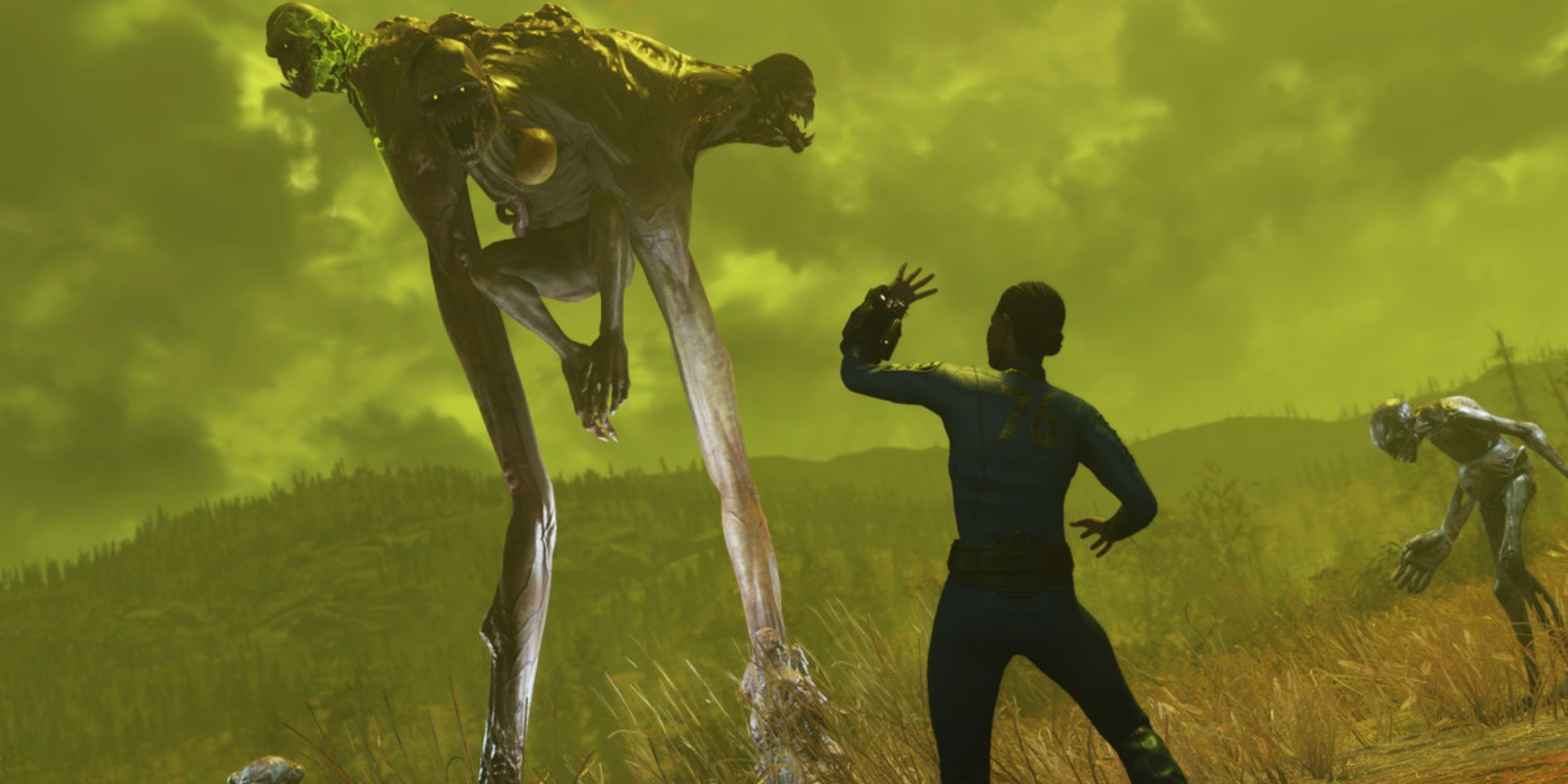 El Wendigo Colossus acechando al sobreviviente en un área irradiada en Fallout 76.