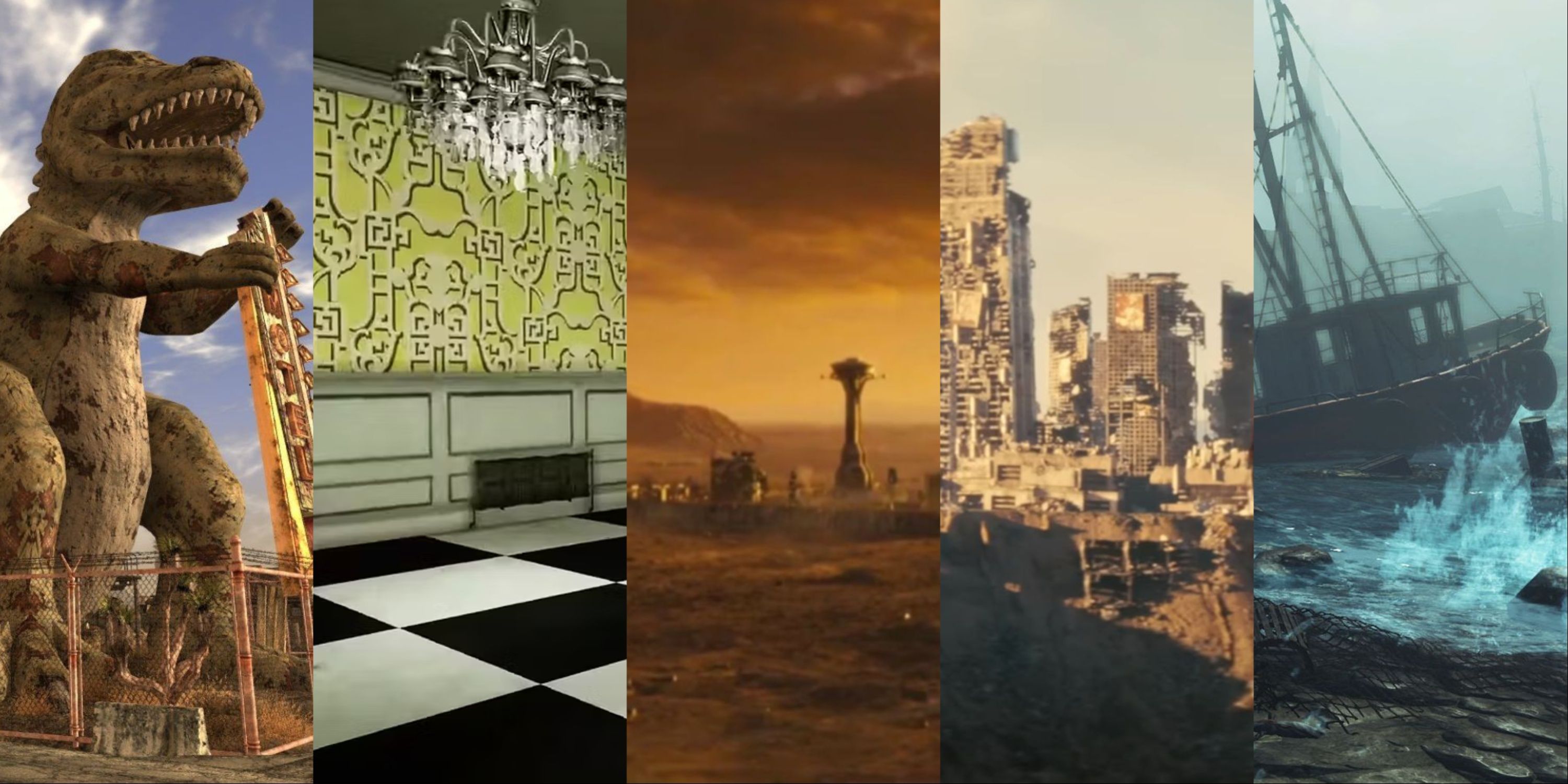 Imagen destacada de las ubicaciones más emblemáticas de la serie Fallout: Novac, Thw whitespring Resort, New Vegas Strip, Shady Sands y Far Harbor