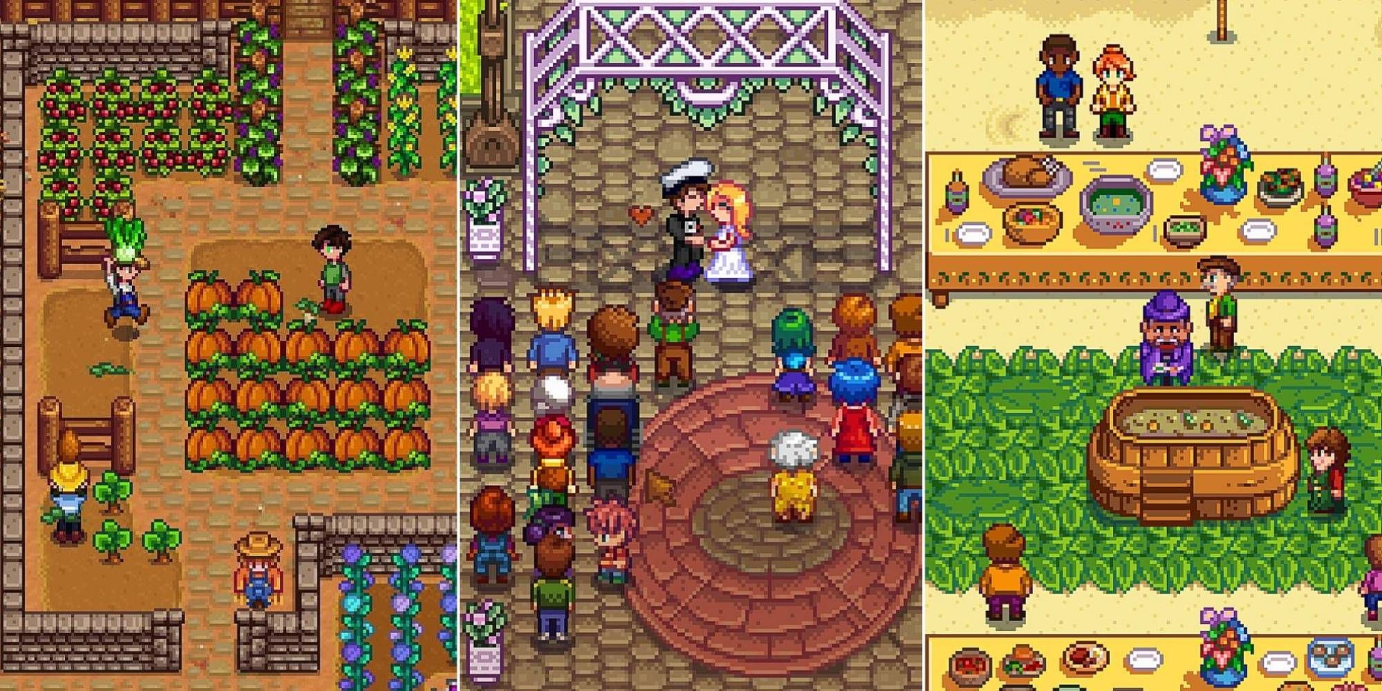 Un collage de diferentes acontecimientos en Stardew Valley, incluido el modo multijugador, el matrimonio y un festival.