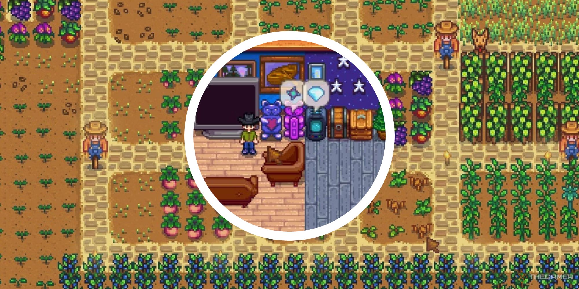 Imagen completa de Stardew al 100 por ciento que muestra la estatua de la verdadera perfección en un círculo con una granja al fondo.