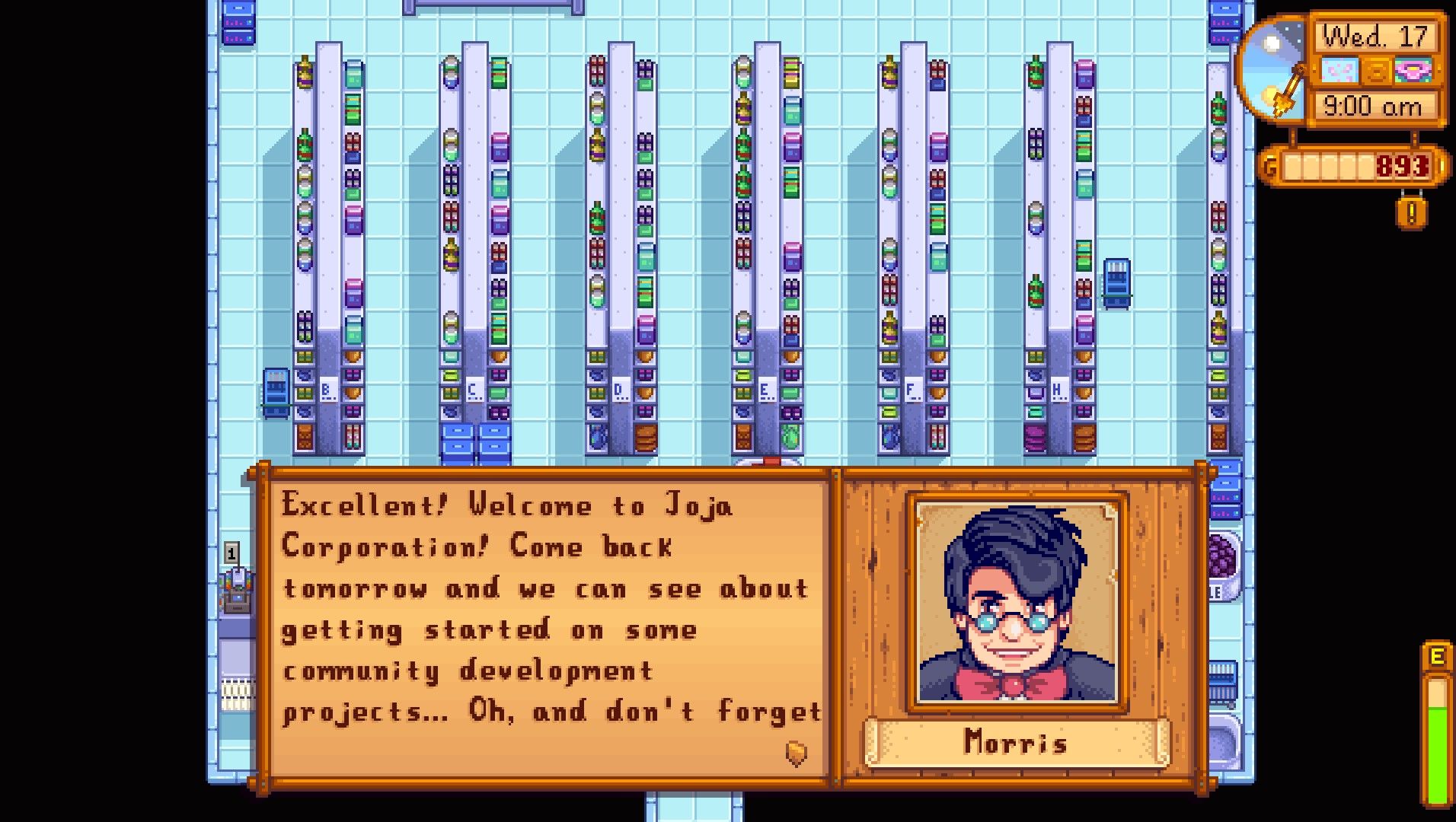 morris le da la bienvenida a joja stardew Valley ruta joja