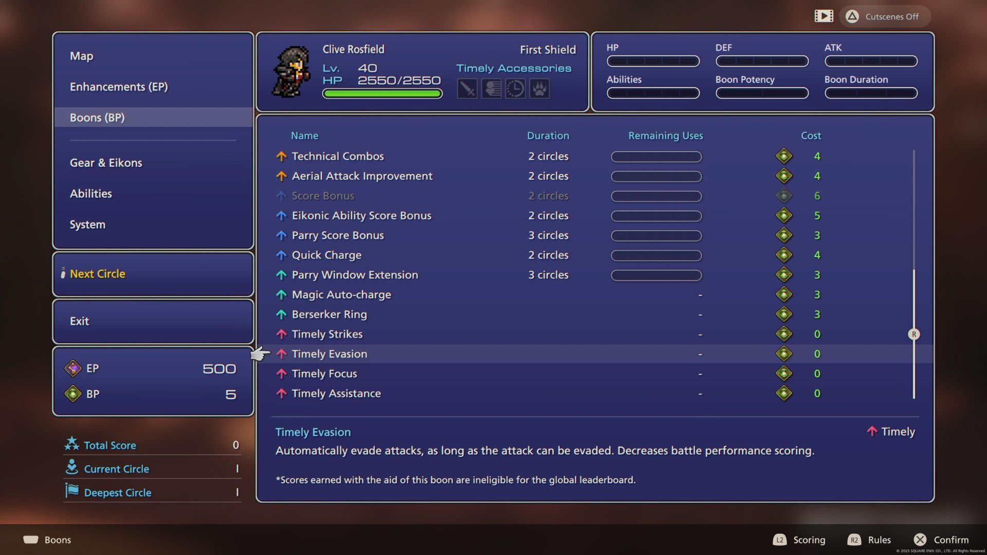 Una lista de las bendiciones disponibles en Kairos Gate, que muestra las bendiciones oportunas que cuestan cero BP en Final Fantasy 16.