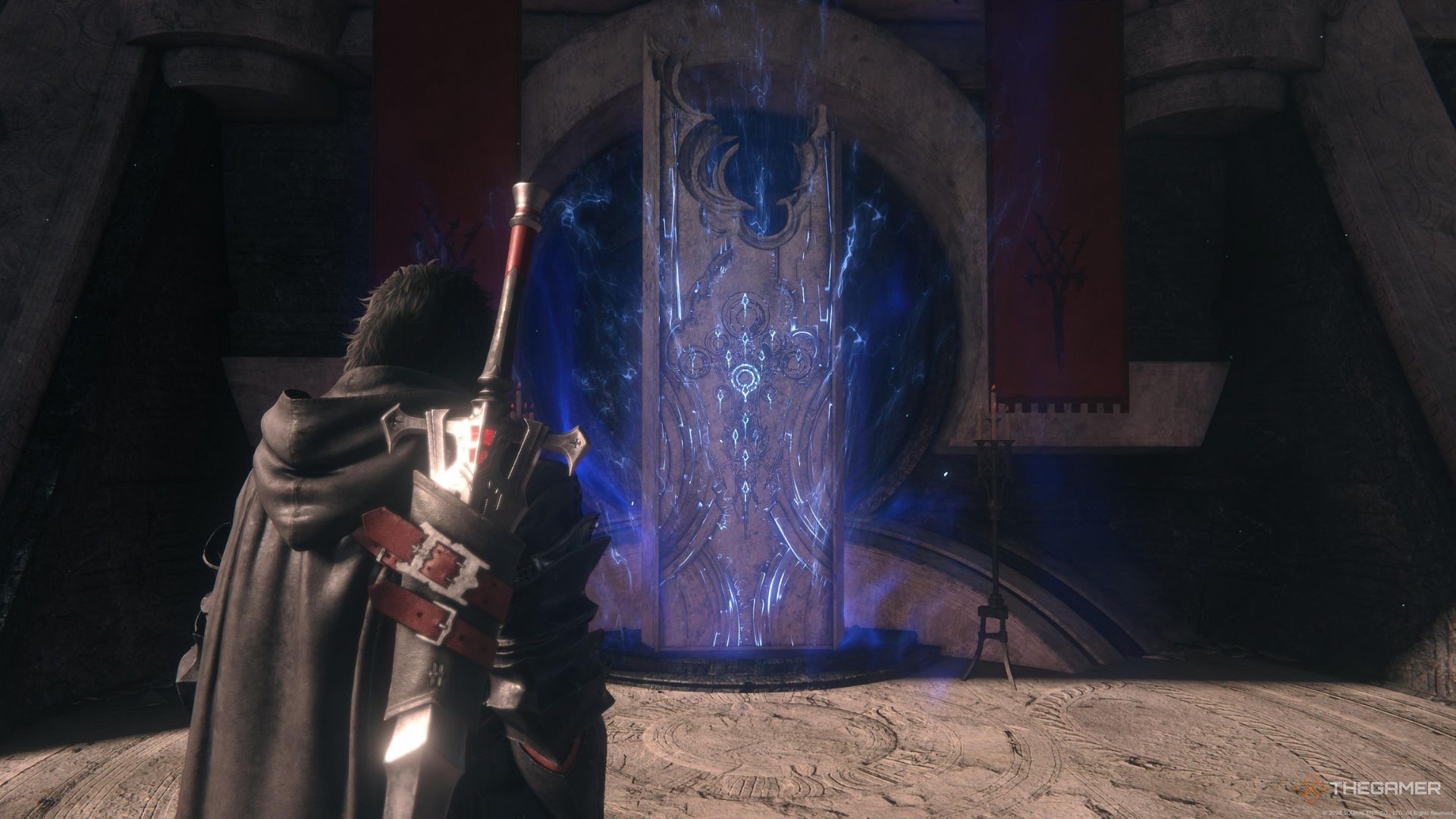 Un jugador parado cerca de la Piedra Arete mientras emite un brillo azul en The Hideaway en Final Fantasy 16.