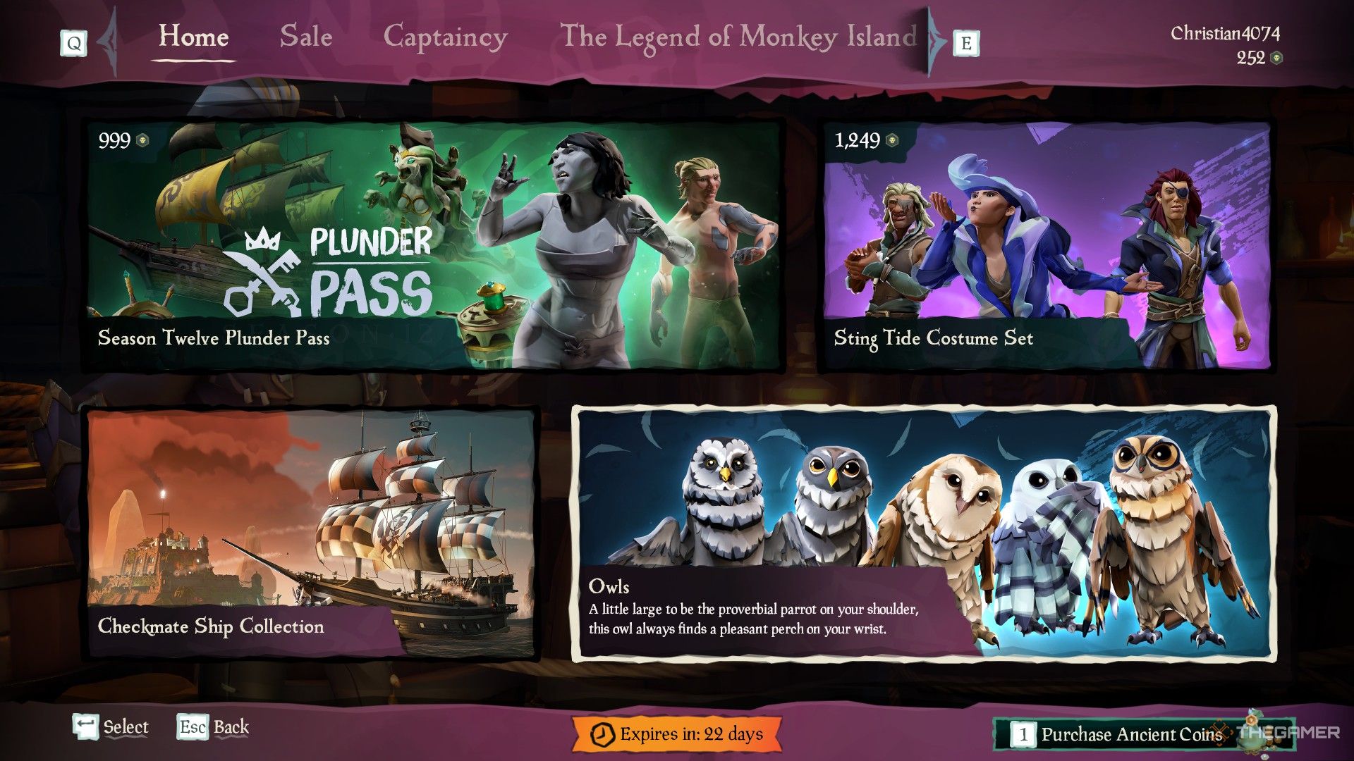 Una captura de pantalla de Sea of ​​Thieves que muestra el banner del Búho para la sección de tiendas en The Pirate's Emporium.  Una advertencia en la parte inferior indica que la tienda caducará en 22 días.