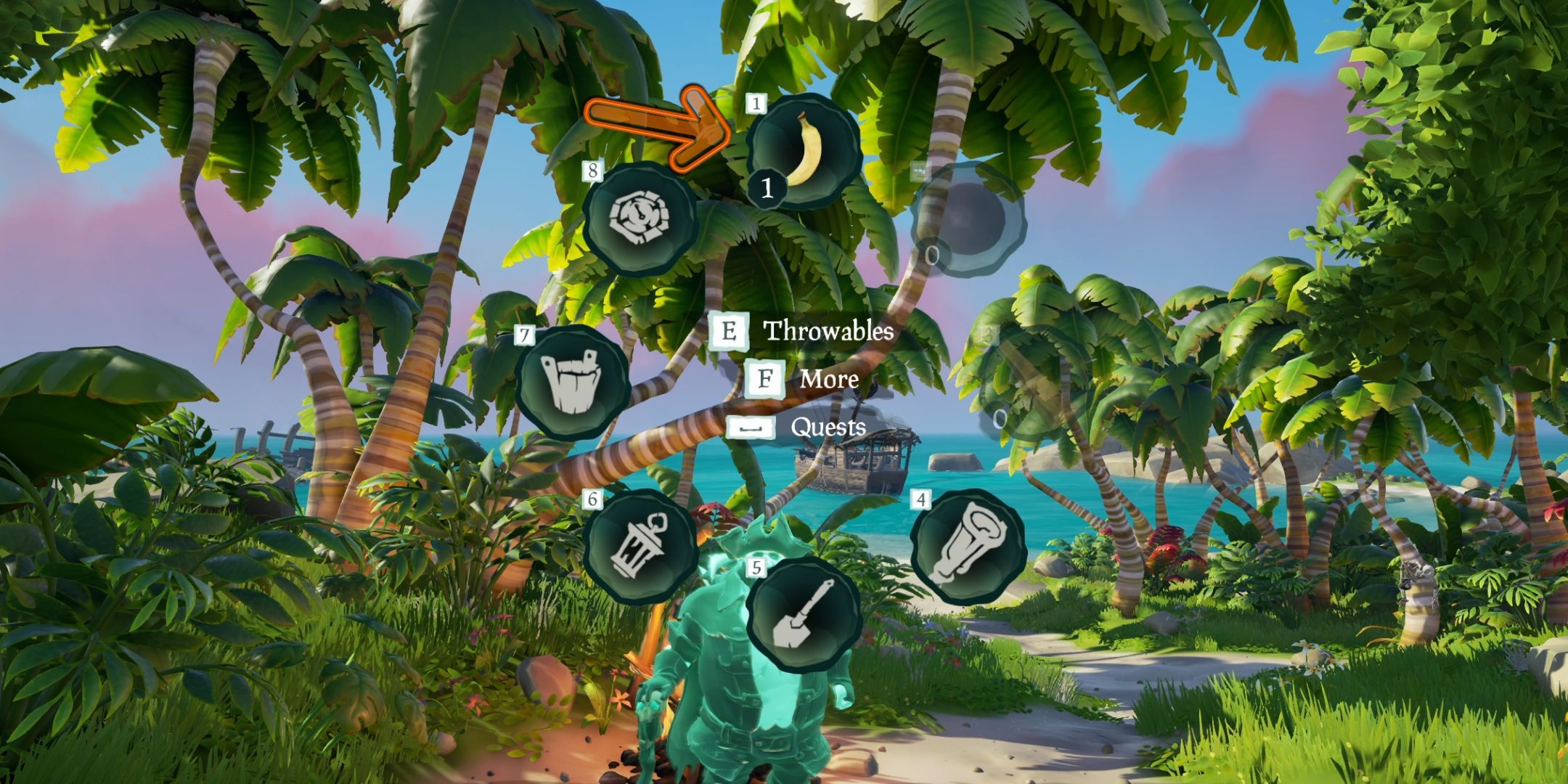 Sea Of Thieves abriendo el menú radial del equipo para encontrar plátanos