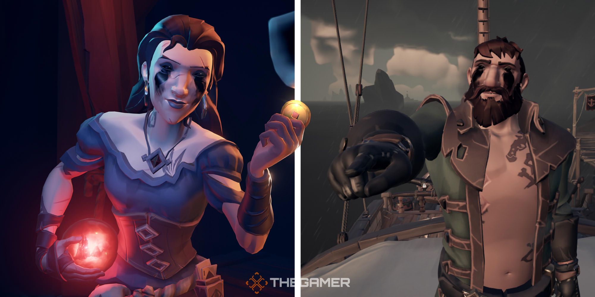 Imagen dividida de Madame Olivia sosteniendo una moneda y un personaje cosmético de Curse Of Order apuntando a la pantalla en Sea of ​​Thieves