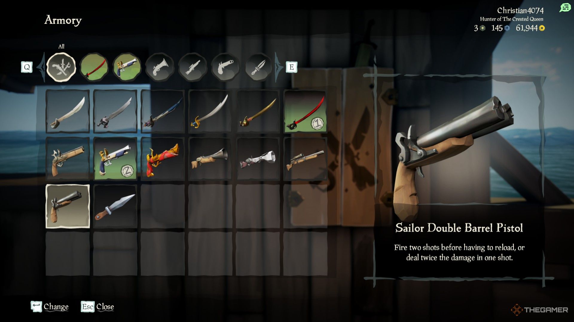 Una captura de pantalla de Sea of ​​Thieves que muestra la Armería en el barco, con la 'Pistola Sailor Double Barrel' seleccionada.