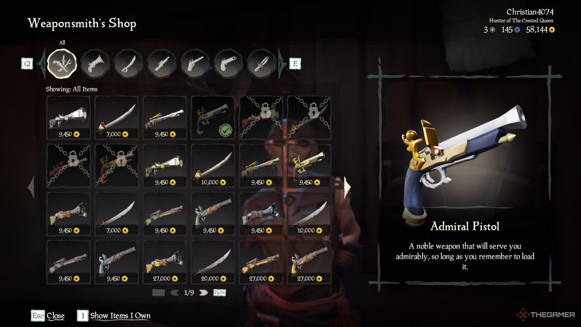 Una captura de pantalla de Sea of ​​Thieves que muestra la tienda del armero llena de diferentes armas que el jugador puede usar.  Se selecciona la pistola Almirante azul, blanca y dorada.