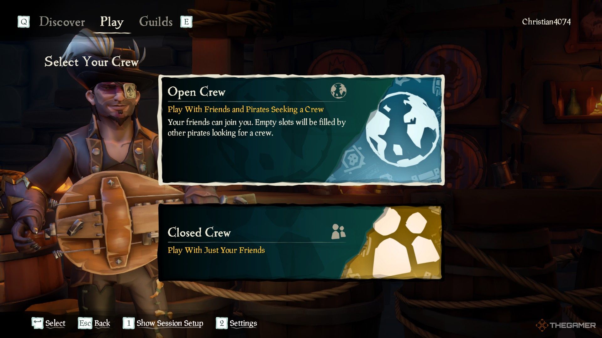 Una captura de pantalla de Sea of ​​Thieves que muestra la elección entre una tripulación abierta y cerrada, siendo la abierta libre para emparejar y la cerrada solo para invitaciones.