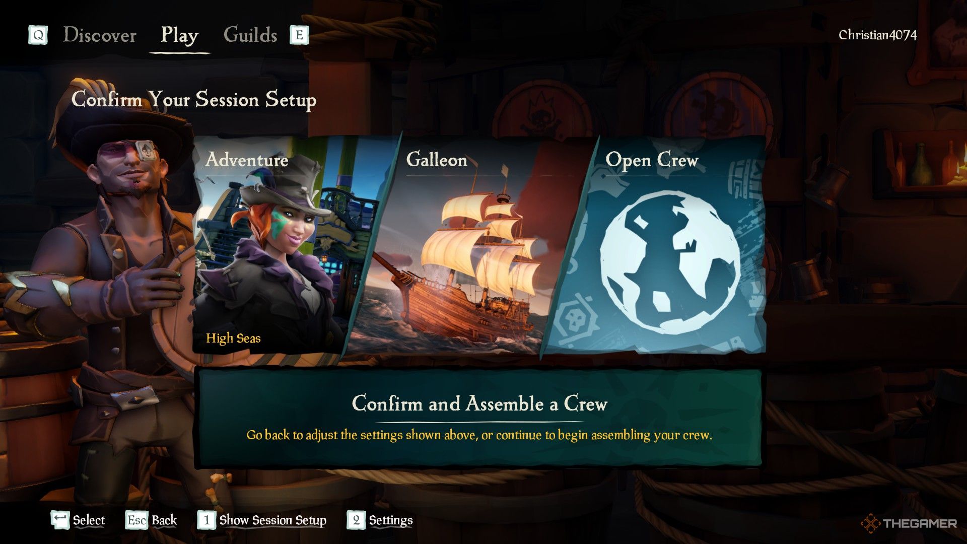 Una captura de pantalla de Sea of ​​Thieves que muestra las opciones de generación seleccionadas para una aventura, con un barco Galeón y un sistema de emparejamiento Open Crew seleccionados.