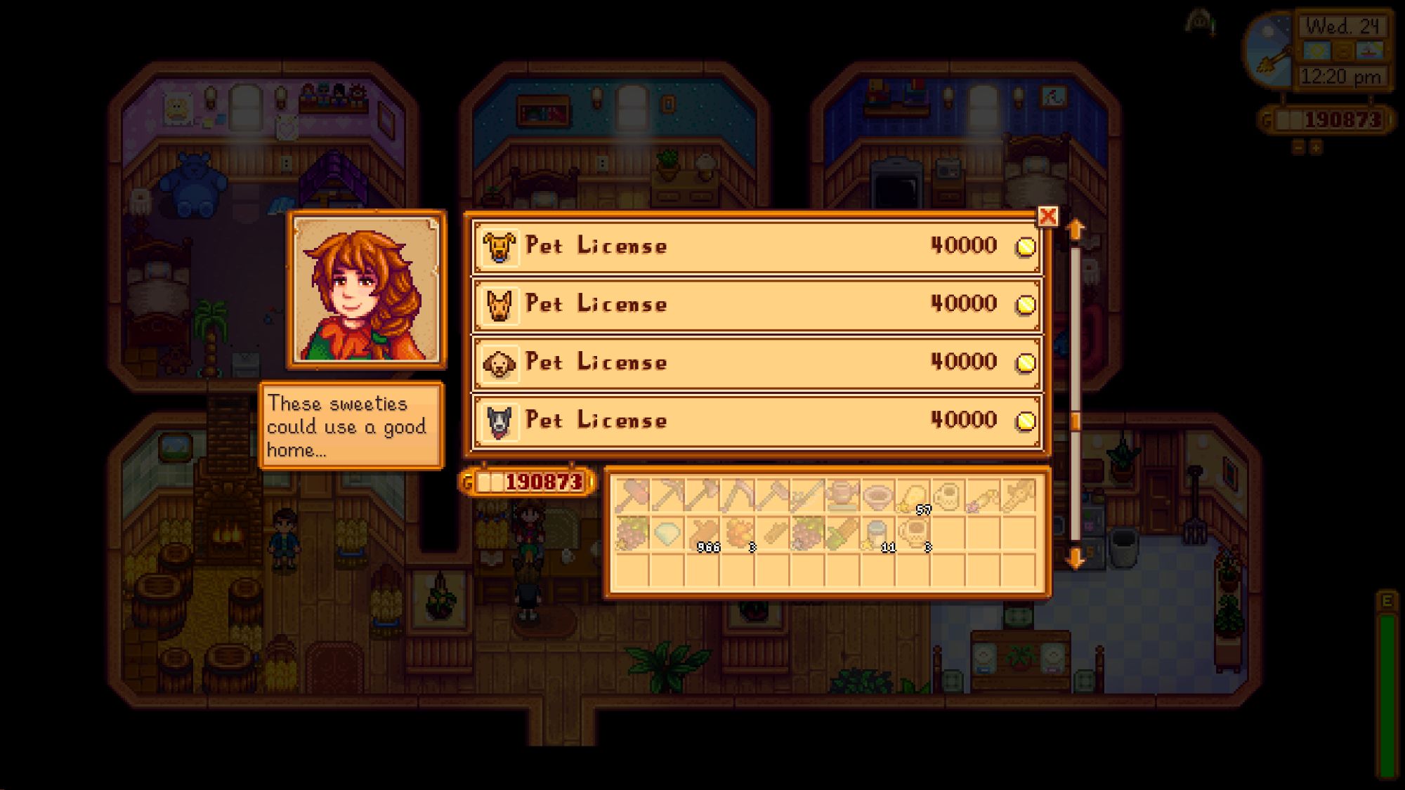 Una imagen de Stardew Valley de la tienda de Marnie, donde puedes adoptar una mascota por 40.000 g.