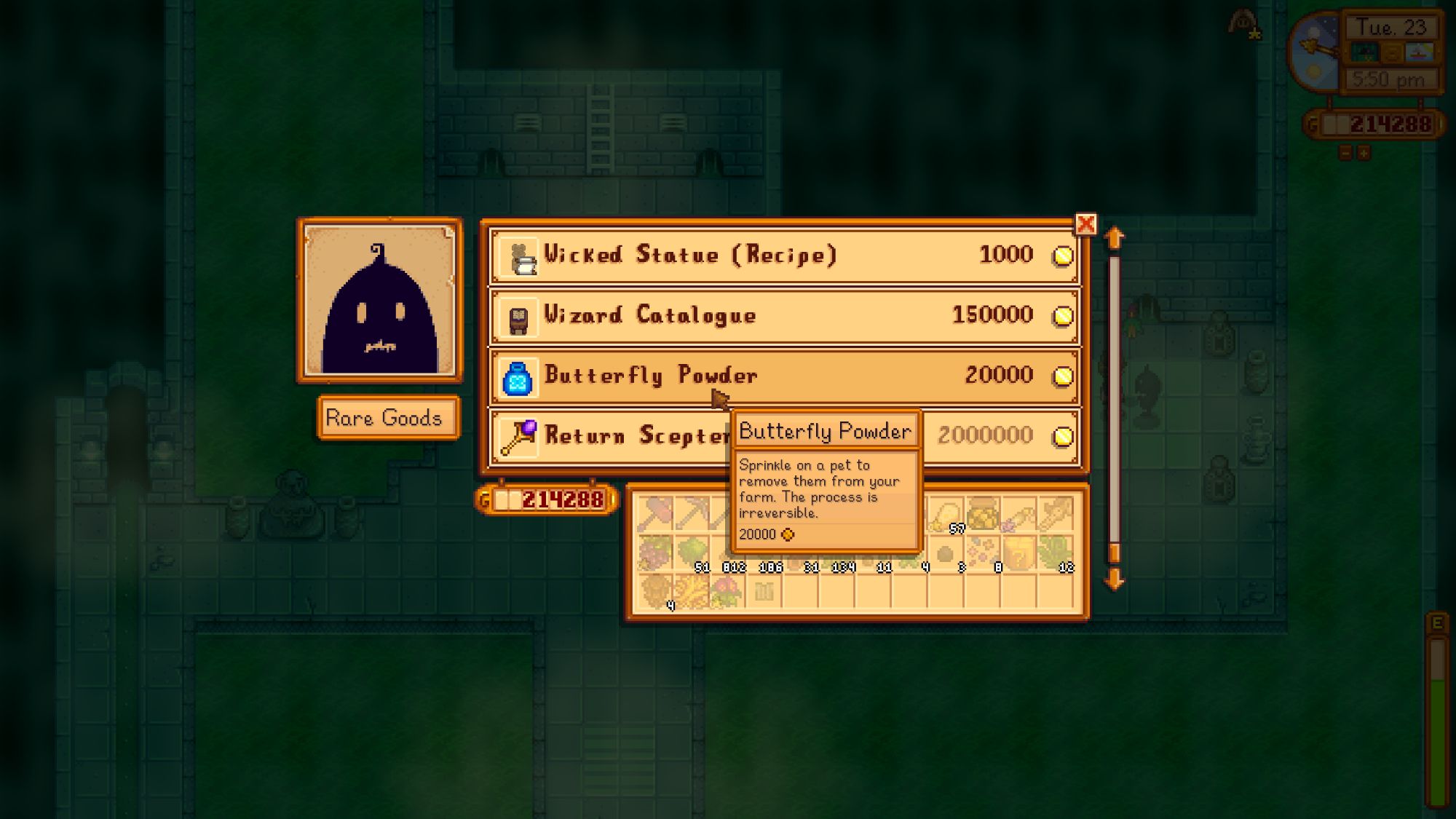 Una imagen de Stardew Valley que muestra cómo comprar Butterfly Powder de Krobus, que te permite eliminar una sola mascota.