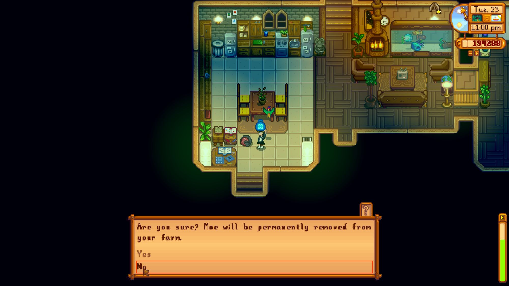 Una imagen de Stardew Valley del cuadro de texto Quitar una mascota, que se muestra después de usar Butterfly Powder en tus mascotas.