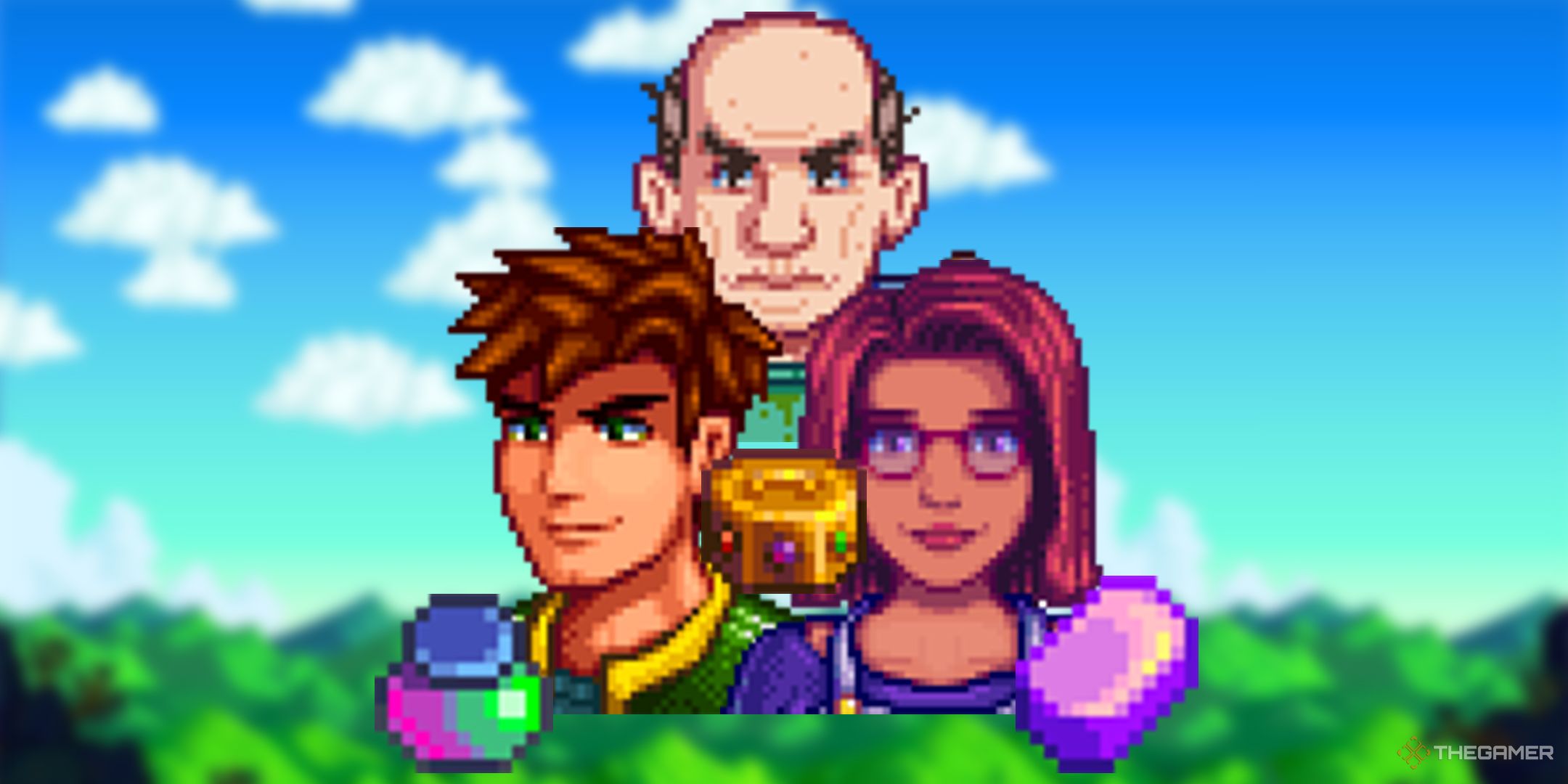 Stardew Valley Geroge con Artifact Trove, Maru con Iridium Bar, Alex con Magic Hair Gel