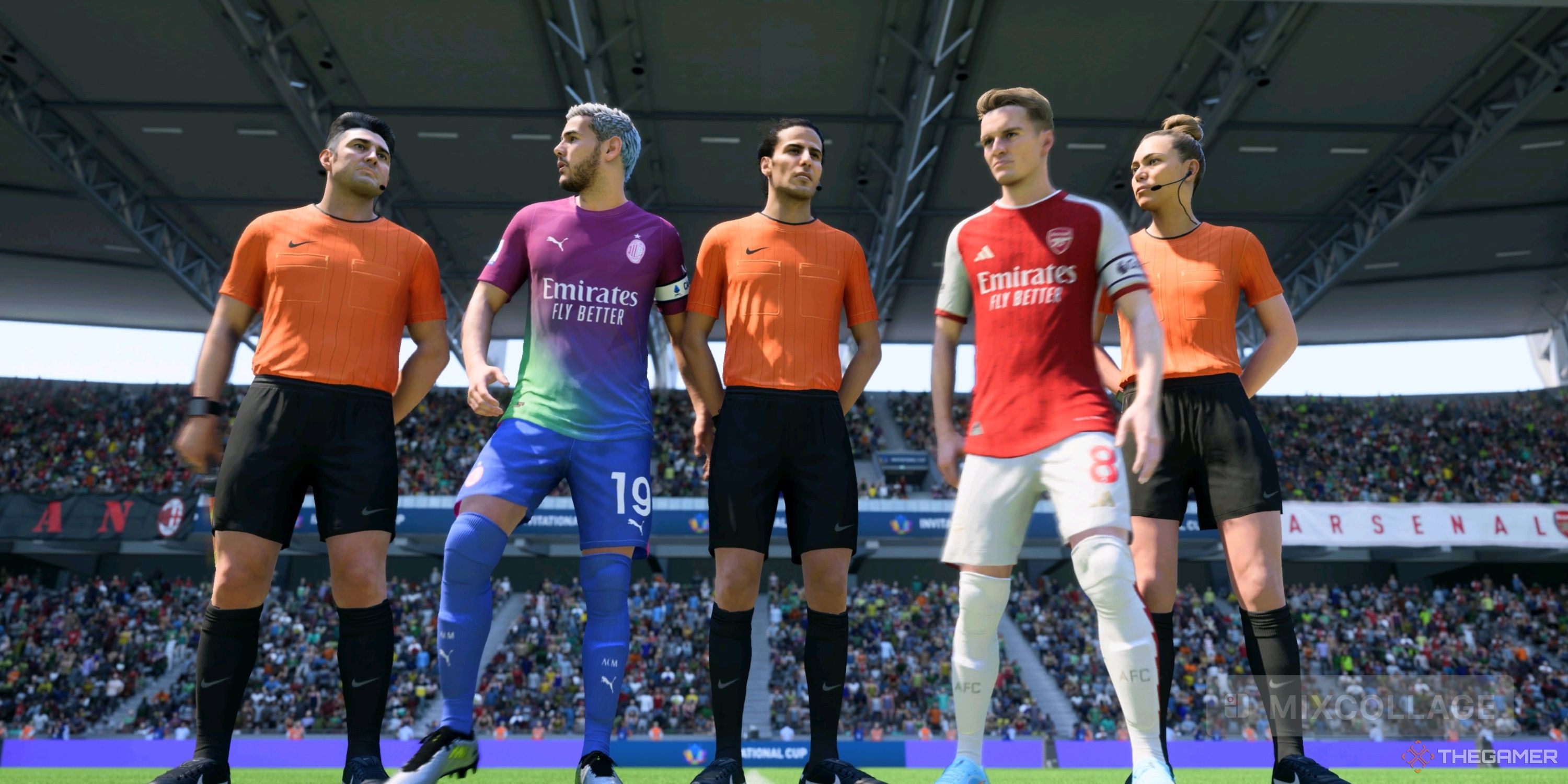 Imagen que muestra dos jugadores y tres árbitros sobre el terreno de juego. 