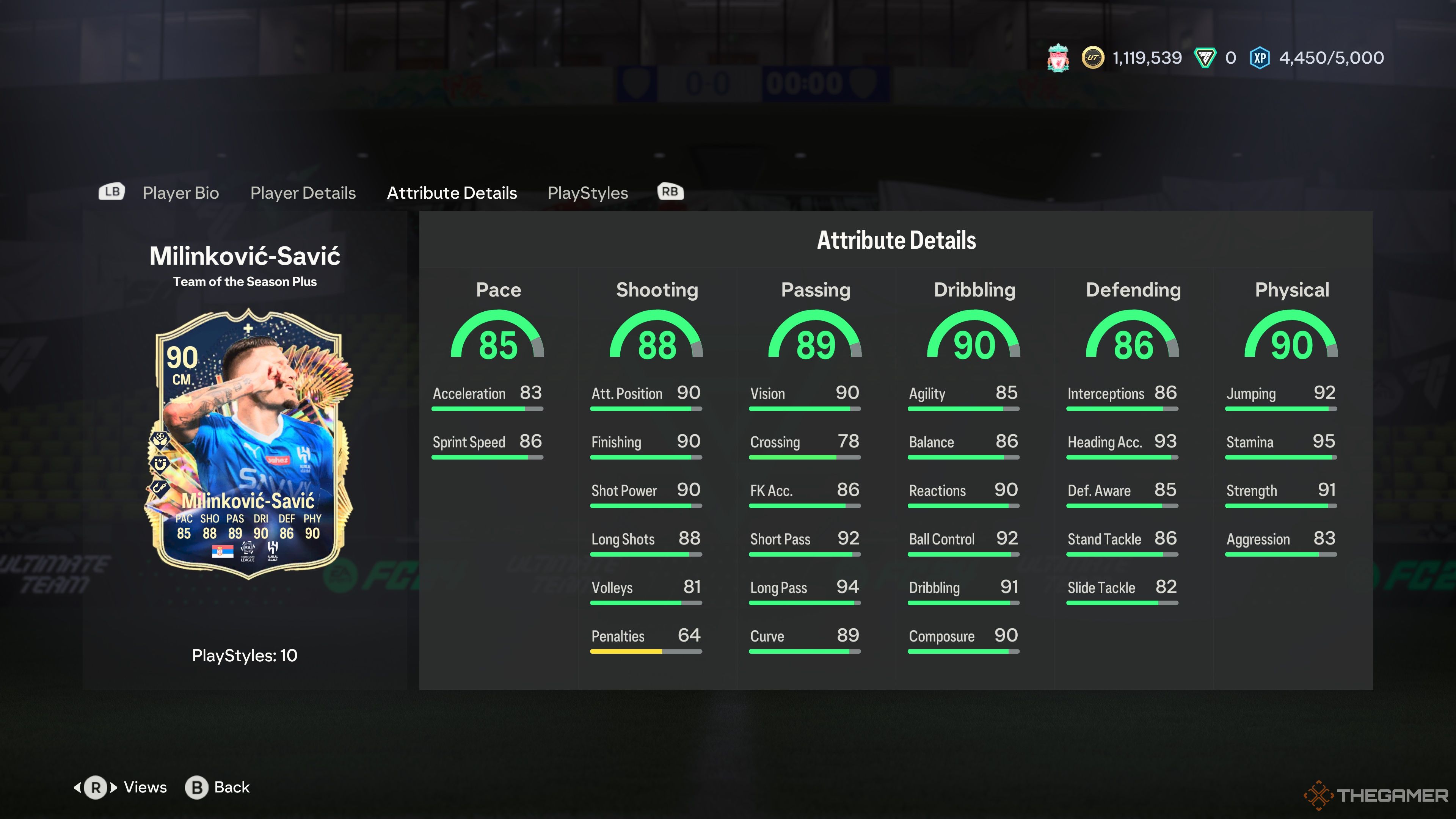 Atributos de la tarjeta TOTS Moments de Sergej Milinkovic-Savic en EA Sports FC 24.
