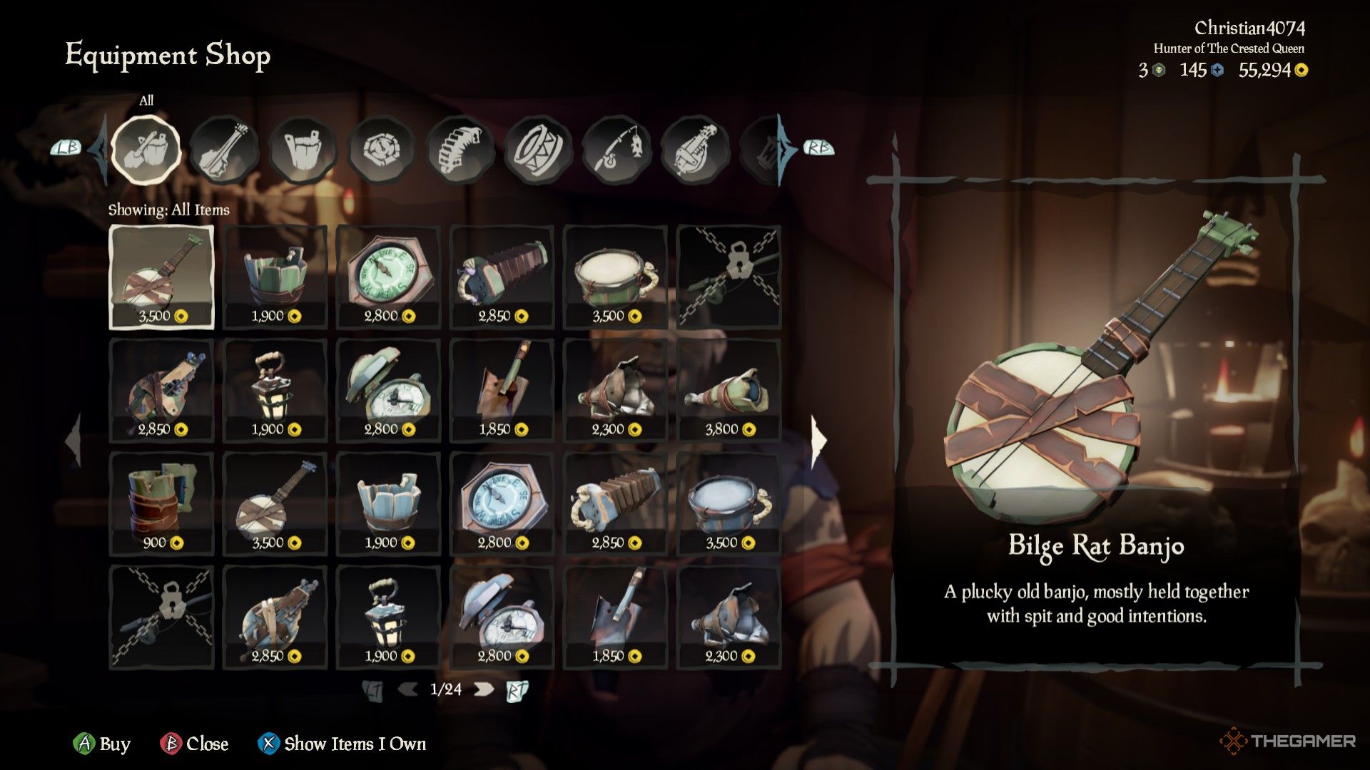 Una captura de pantalla de Sea of ​​Thieves muestra una amplia selección de diferentes diseños de equipos en la Tienda de equipos, con los elementos divididos en conjuntos coincidentes.