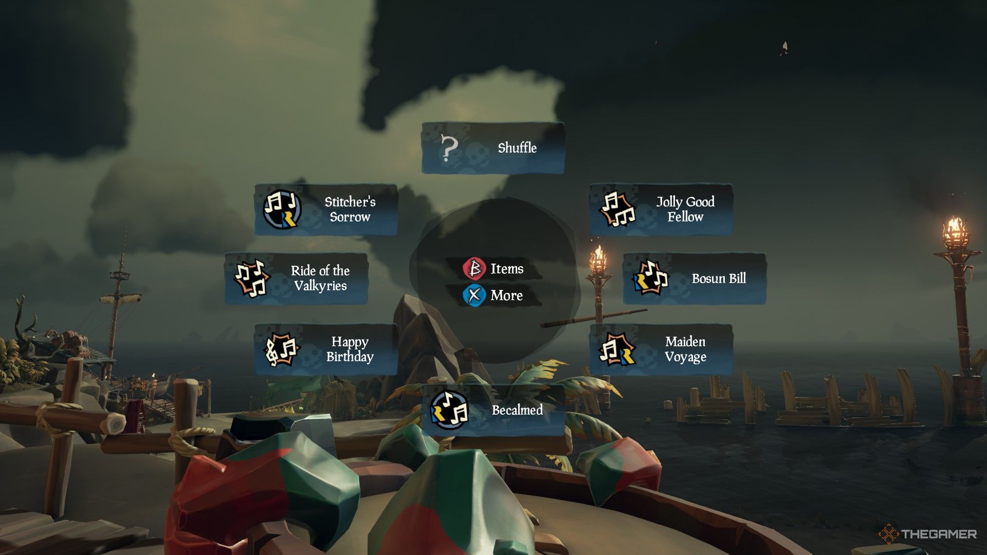 Una captura de pantalla de Sea of ​​Thieves que muestra el menú Shanties al que se puede acceder cuando tienes un instrumento equipado.