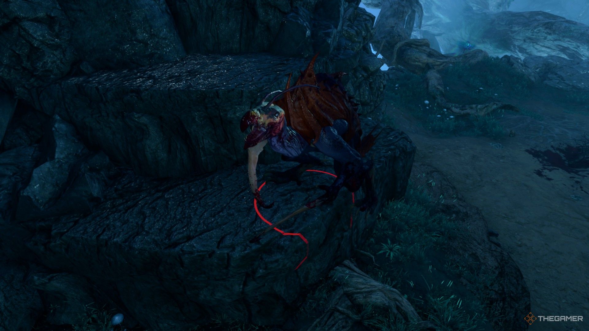 Una criatura grande parecida a un pájaro con manos ganchudas y un pico ensangrentado en Baldur's Gate 3.