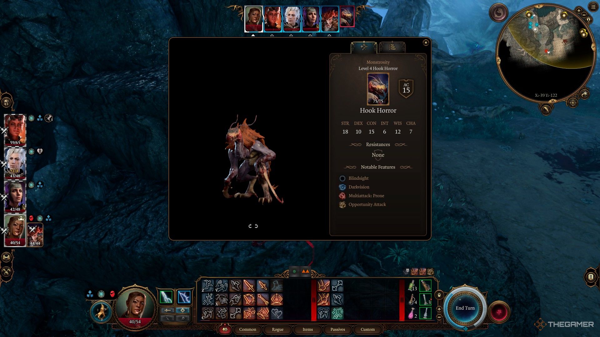 Las estadísticas de un Hooked Horror en Baldur's Gate 3.