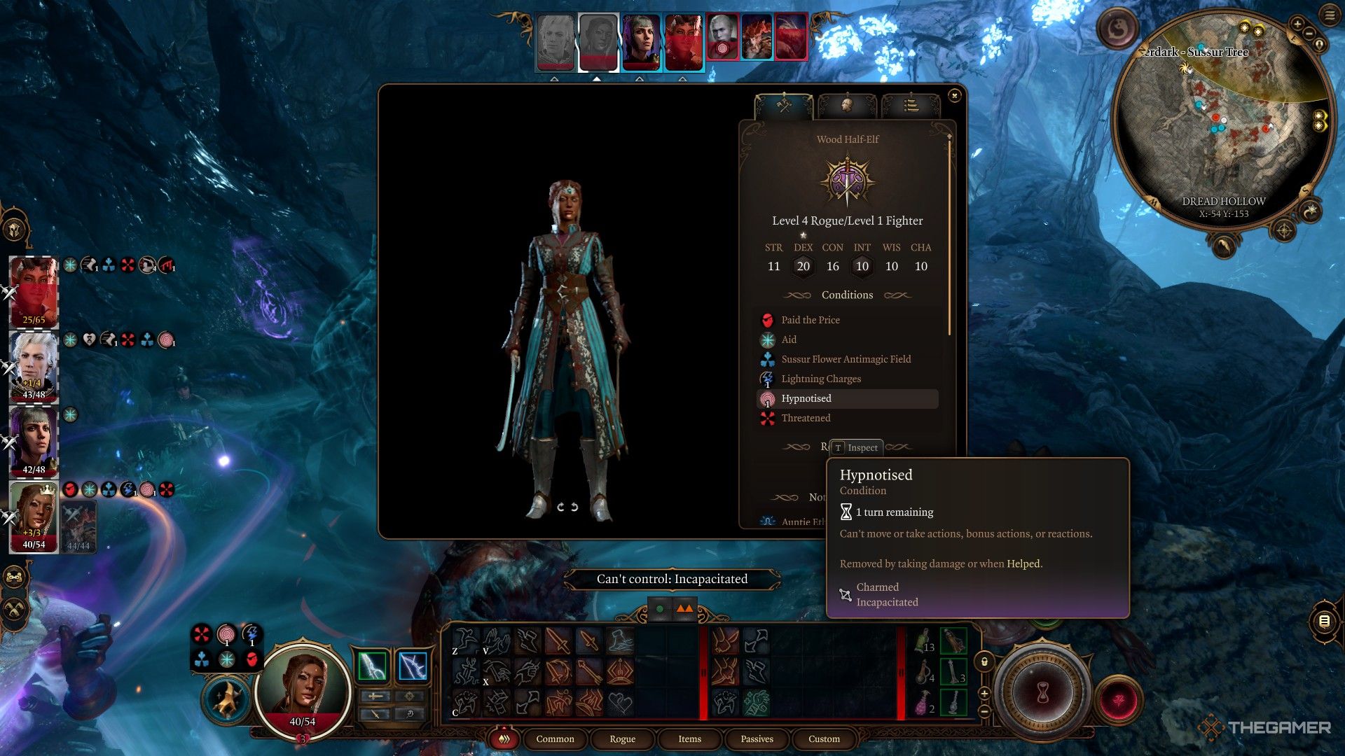 El menú del personaje de Tav se muestra con el efecto Hipnotizado en Baldur's Gate 3.