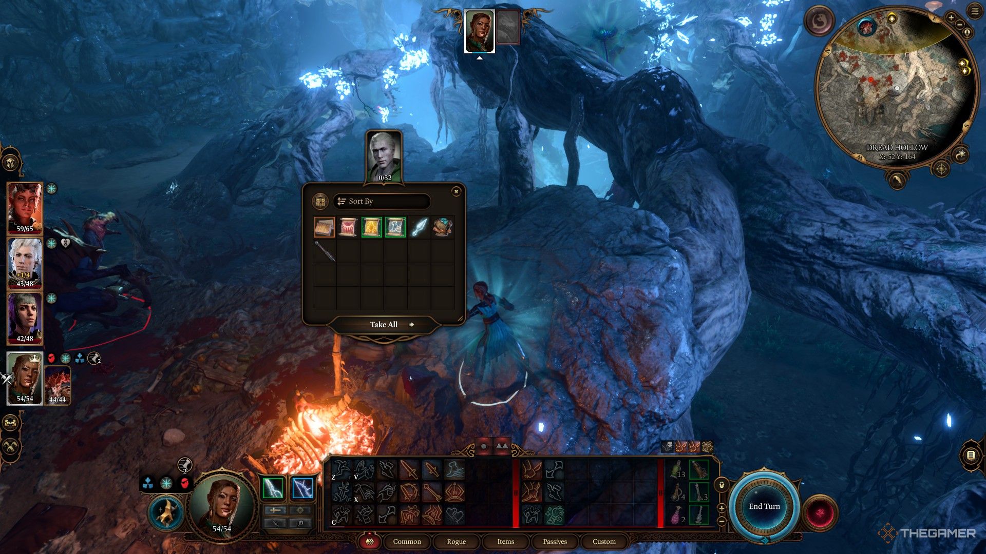Tav saqueando el cadáver de Filro en un panorama rocoso en Baldur's Gate 3.