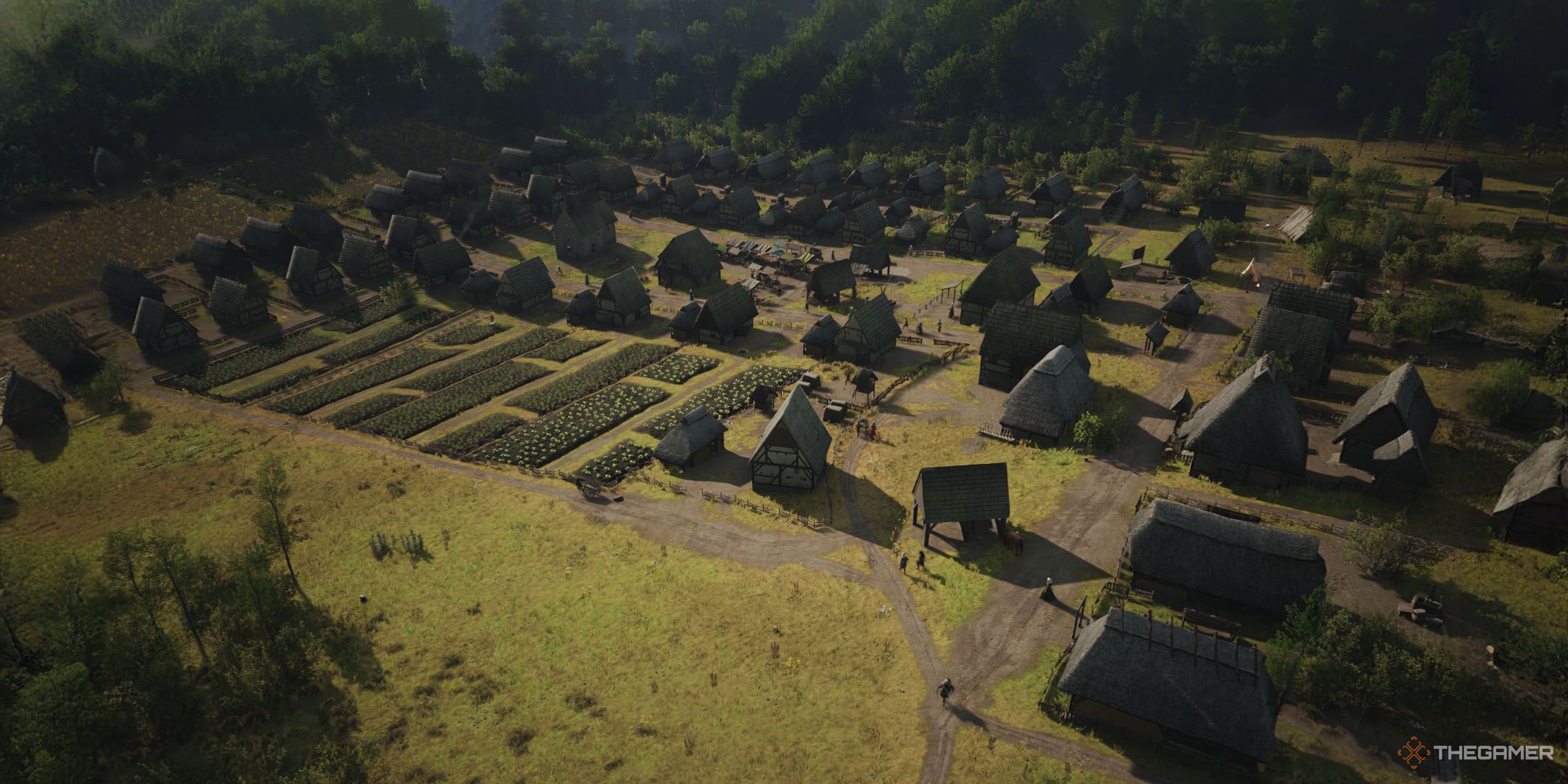Vista aérea de un pequeño pueblo agrícola de finales del siglo XIV.