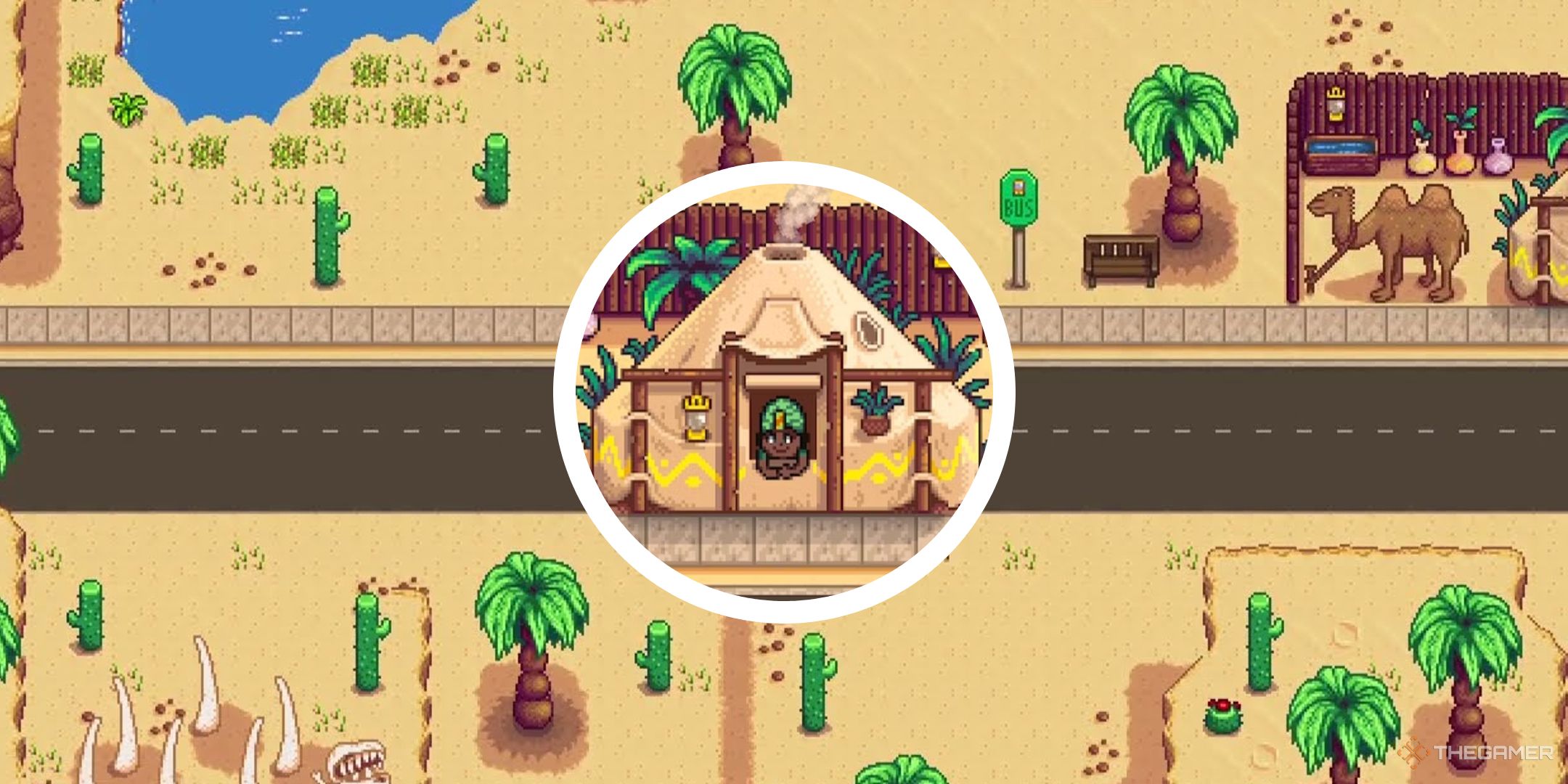 Fondo del desierto de Stardew Valley con círculo png del comerciante del desierto