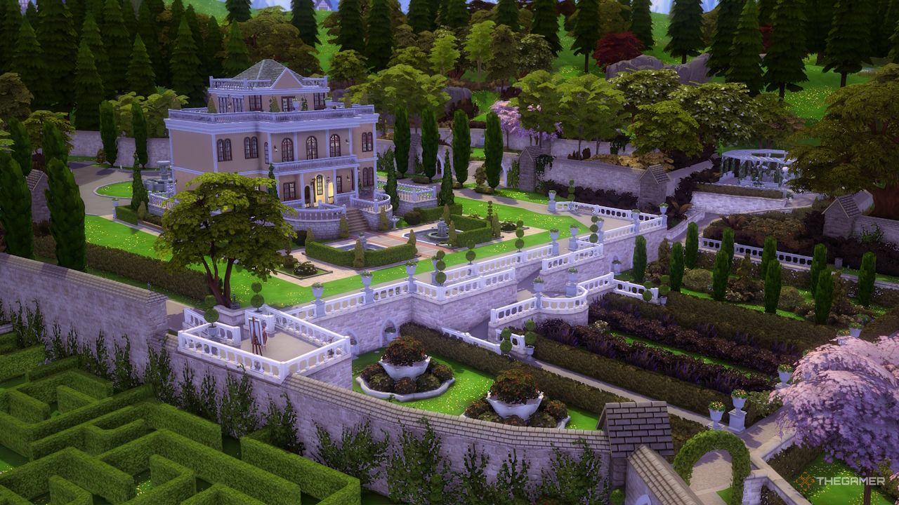 Una captura de pantalla de un lote de Sims 4 en modo cámara libre