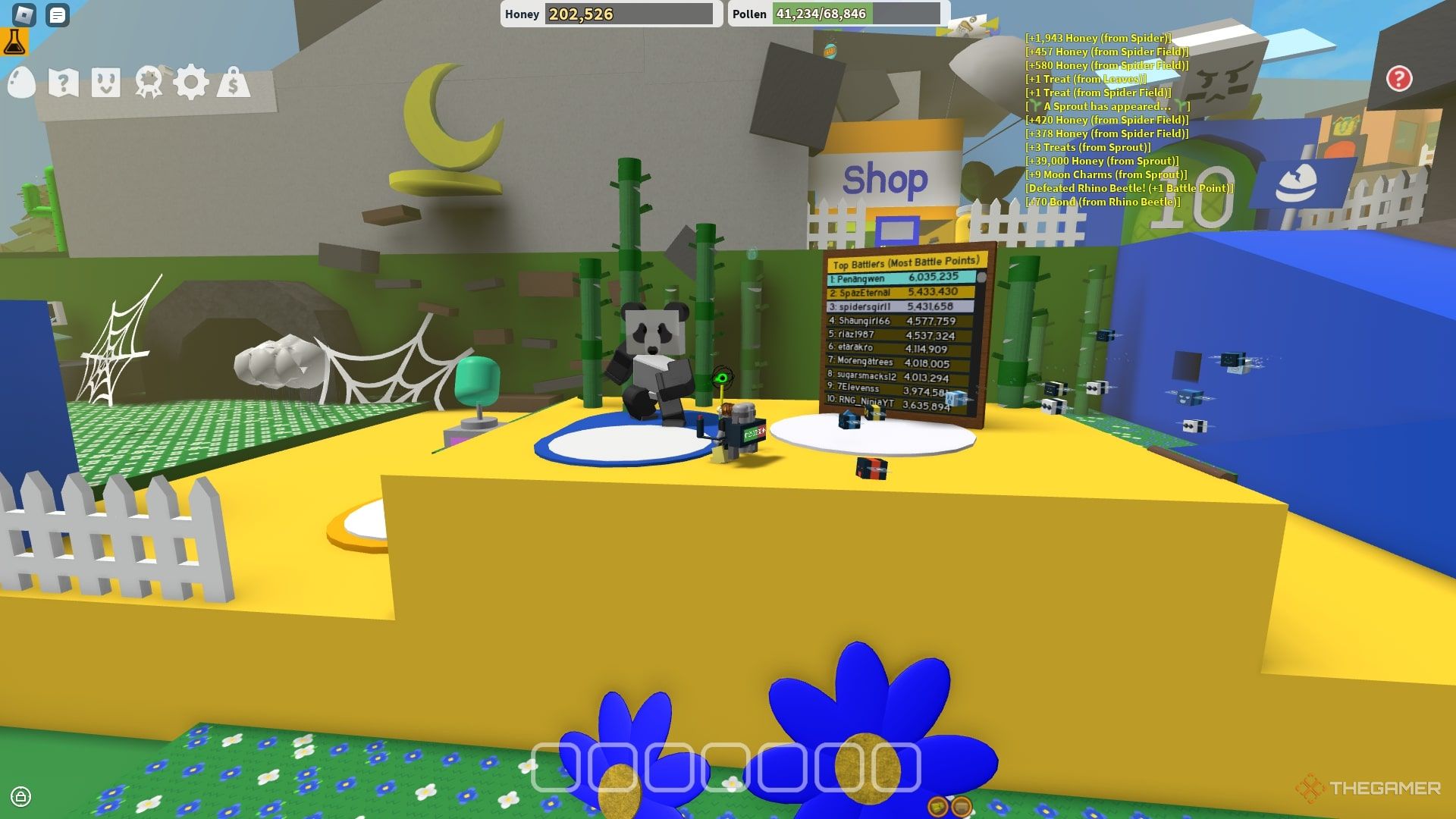 Frente al NPC Oso Panda en Bee Swarm Simulator en Roblox.