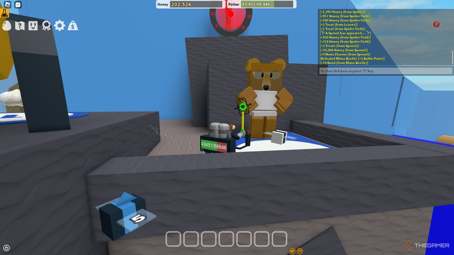 Frente al NPC Science Bear en Bee Swarm Simulator en Roblox.