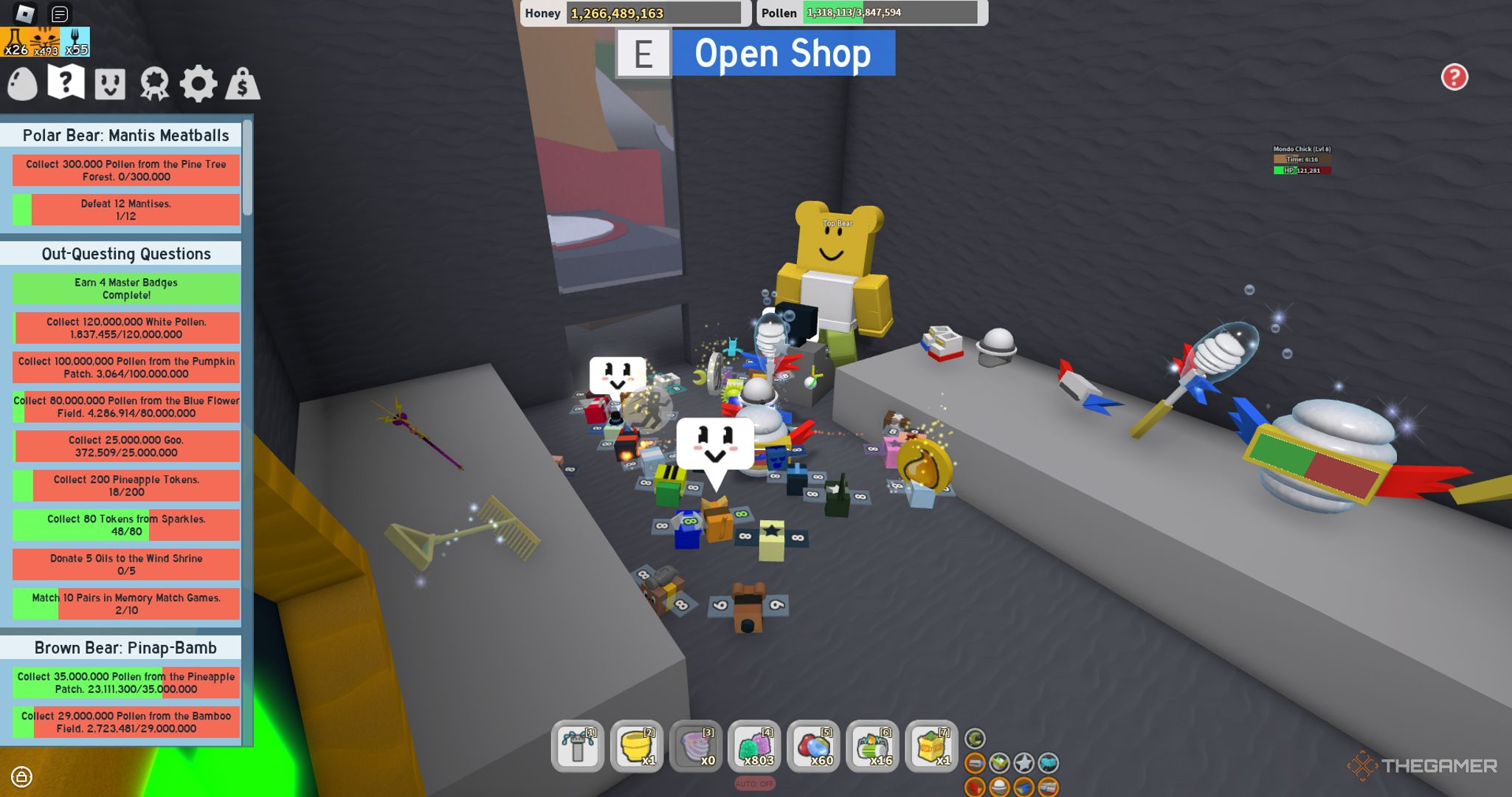 Frente al NPC Pro Bear en Pro Shop en Bee Swarm Simulator Roblox.
