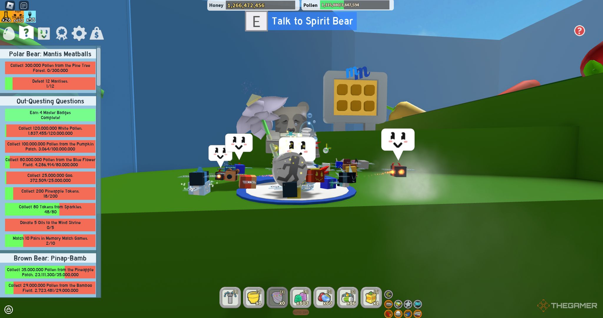 Frente al NPC Spirit Bear en Bee Swarm Simulator en Roblox.