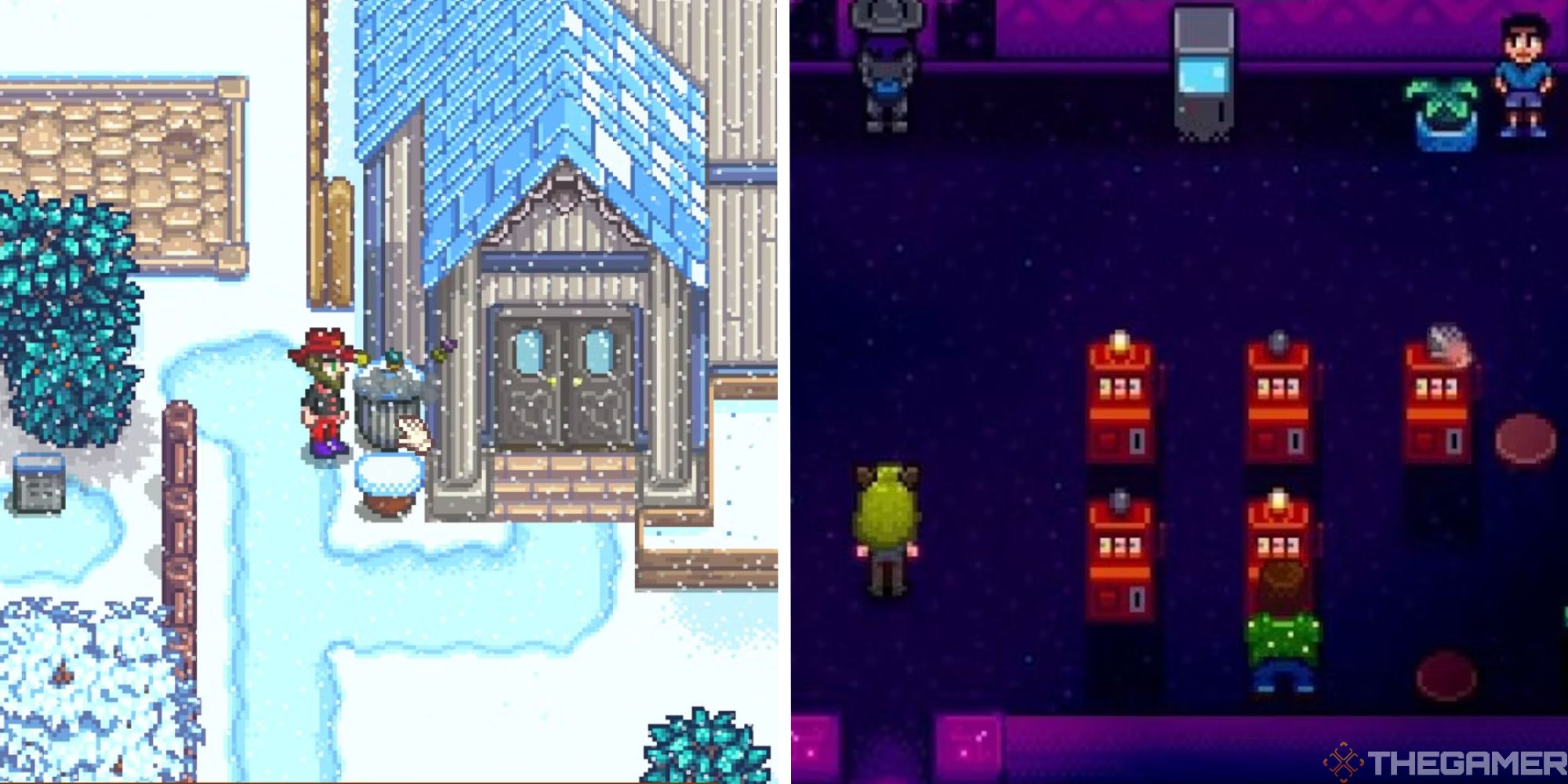 Imagen dividida de Stardew Valley que muestra a una persona rebuscando en la basura junto a la imagen de una persona parada en el casino.