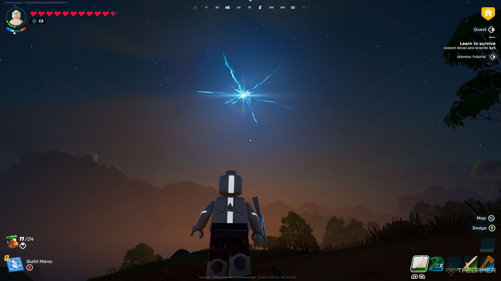 Una captura de pantalla de Lego Fortnite que muestra al personaje del jugador como Avatar Aang observando cómo aparece una gran grieta en el cielo durante la noche.