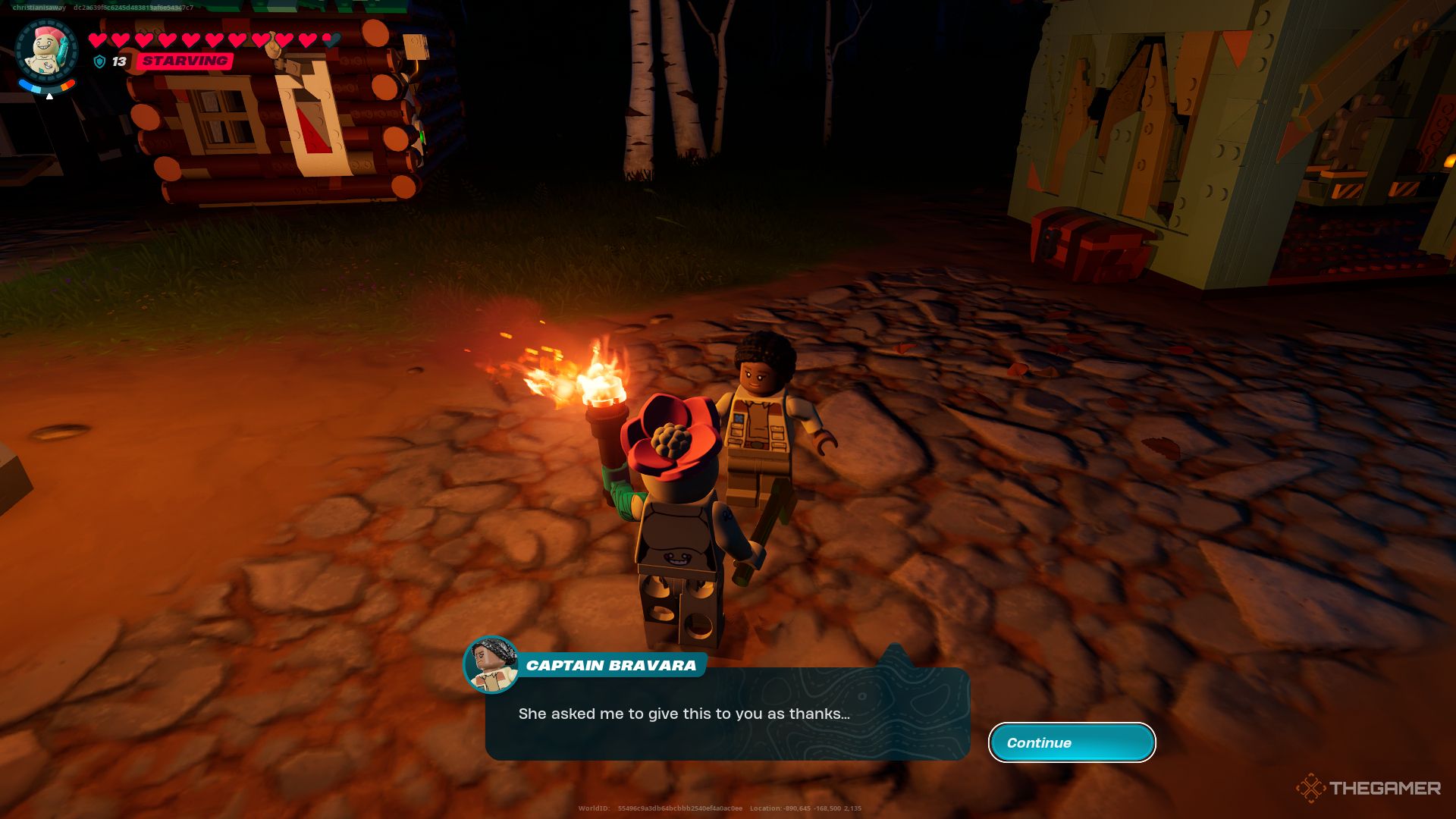 Una captura de pantalla de Lego Fortnite que muestra al personaje del jugador como un Monstruo Mochi hablando con el Capitán Bravara con una burbuja de texto debajo que dice 