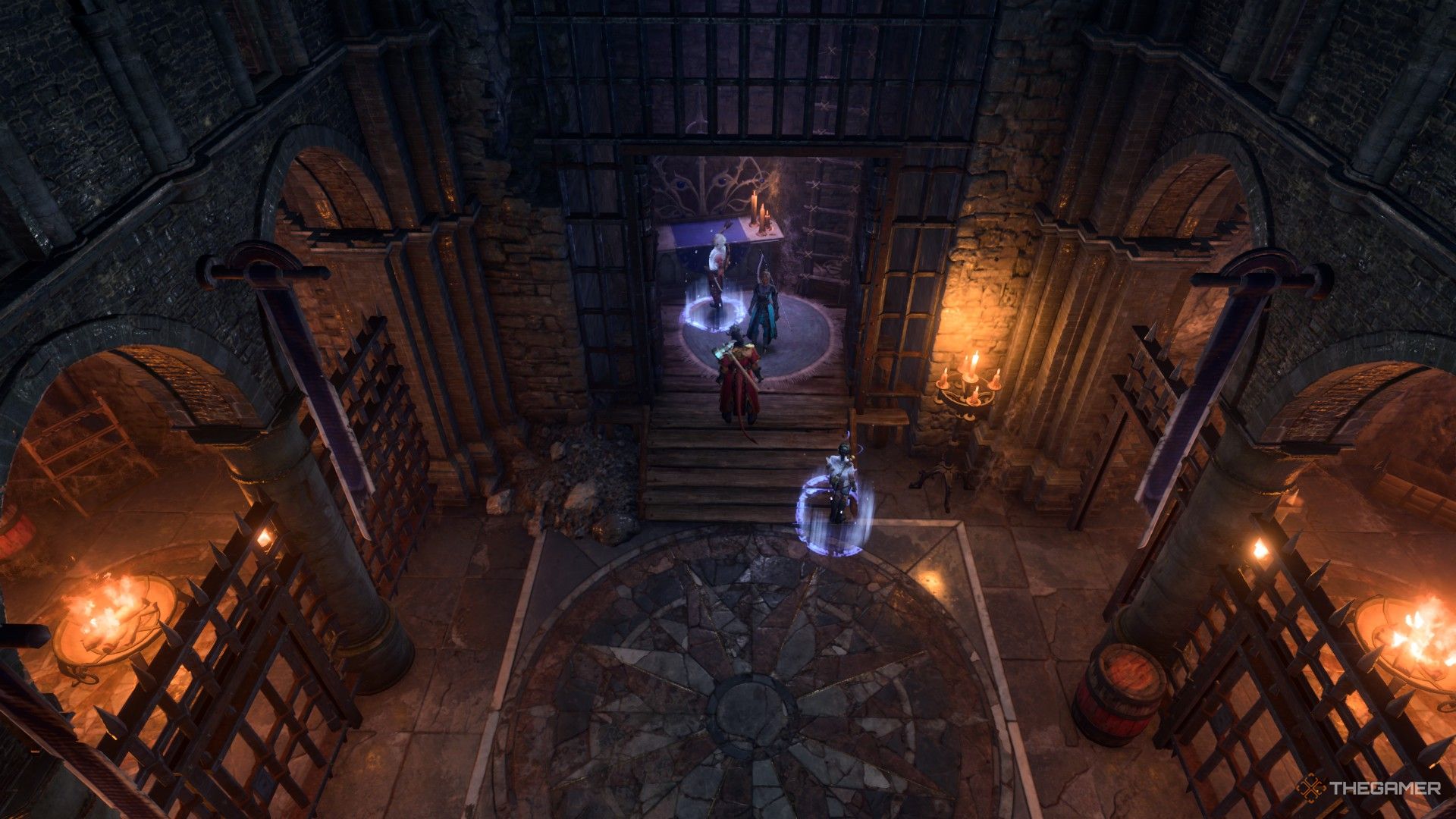 Tav y el grupo en una puerta enjaulada en un templo en Baldur's Gate 3.