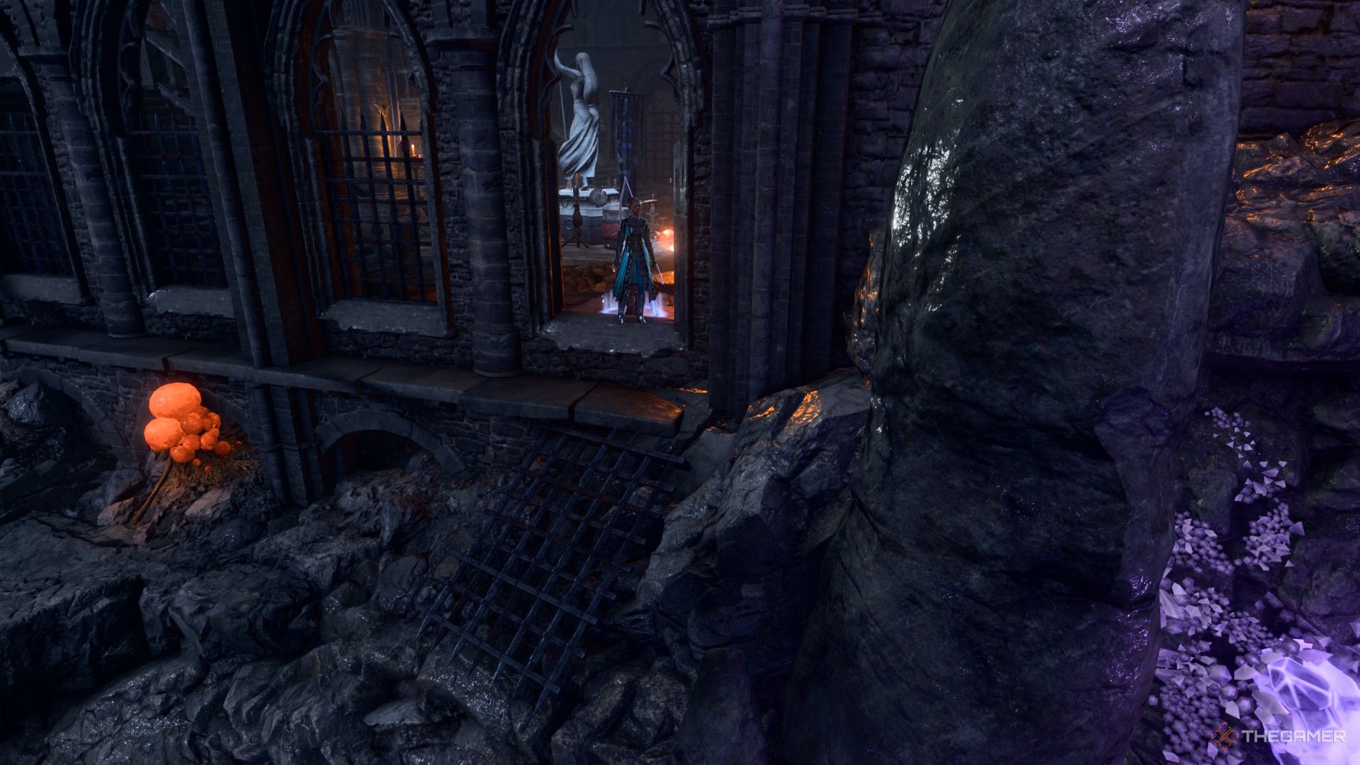 Tav de pie en el alféizar de una ventana de piedra con vistas a un acantilado en Baldur's Gate 3.