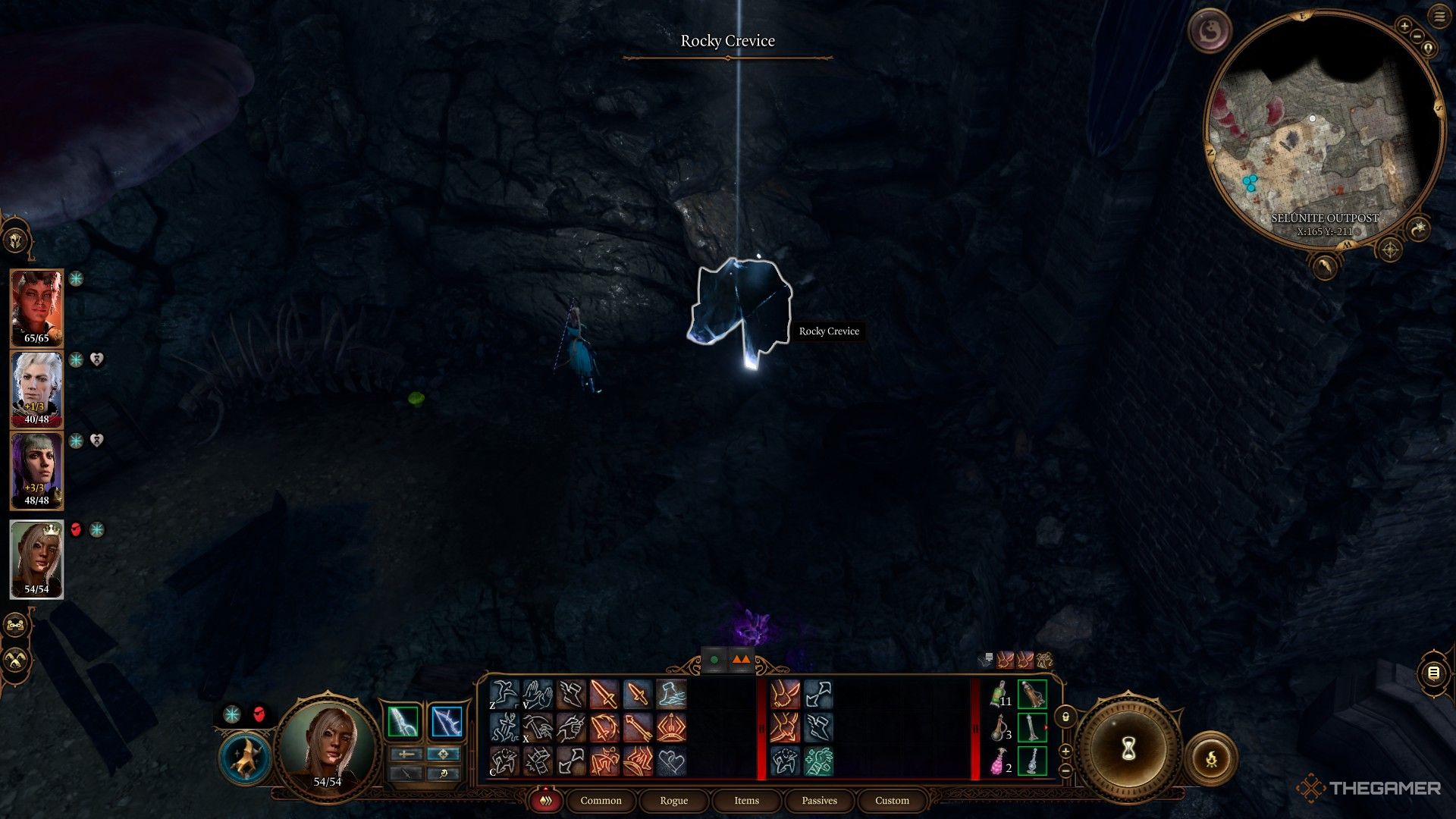 Tav se encuentra cerca de un acantilado donde se resalta una grieta rocosa en Baldur's Gate 3.