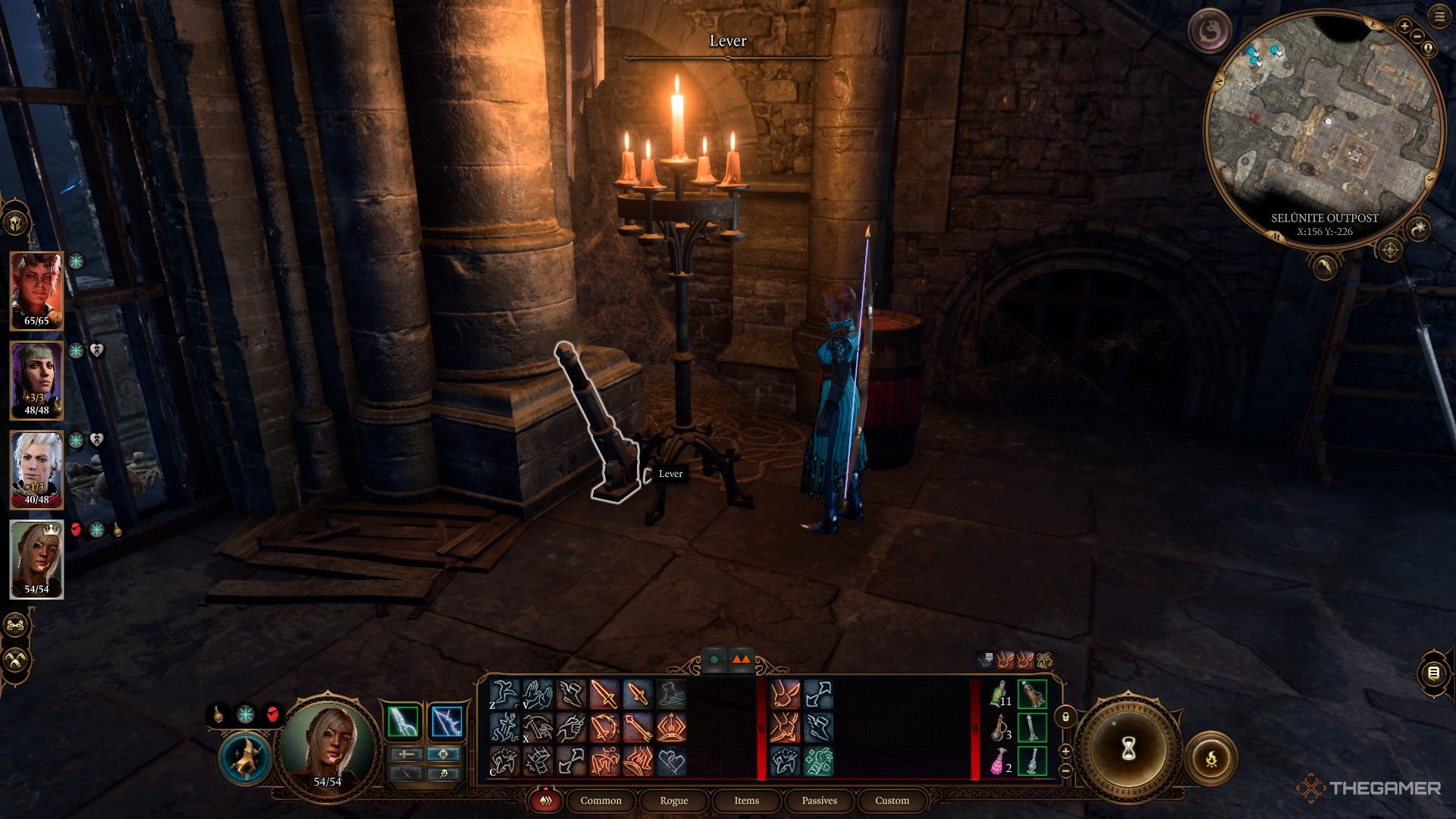 Tav tirando de una palanca gigante en un templo de piedra en Baldur's Gate 3.