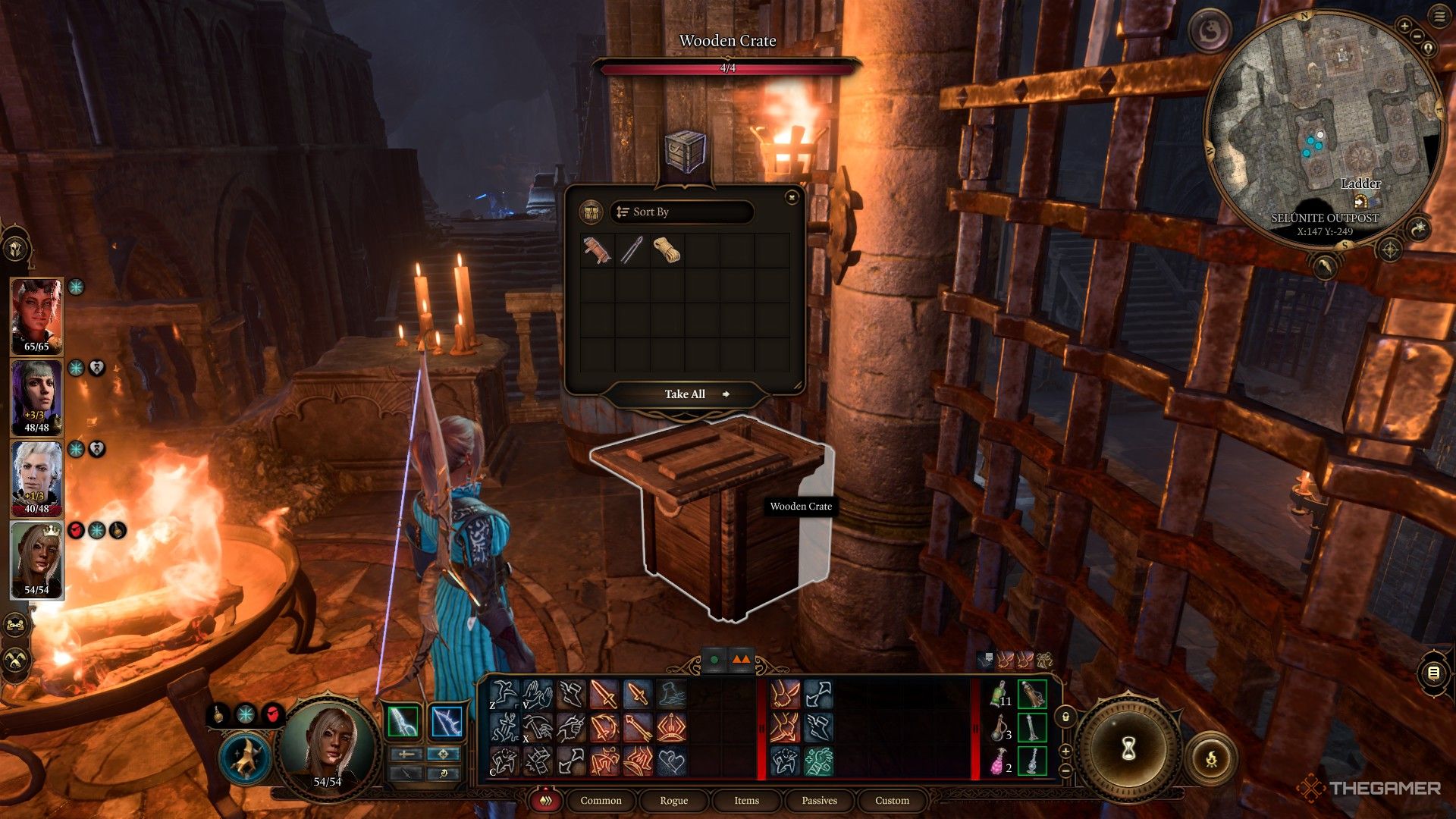 Tav saqueando una caja detrás de una puerta de hierro en Baldur's Gate 3.